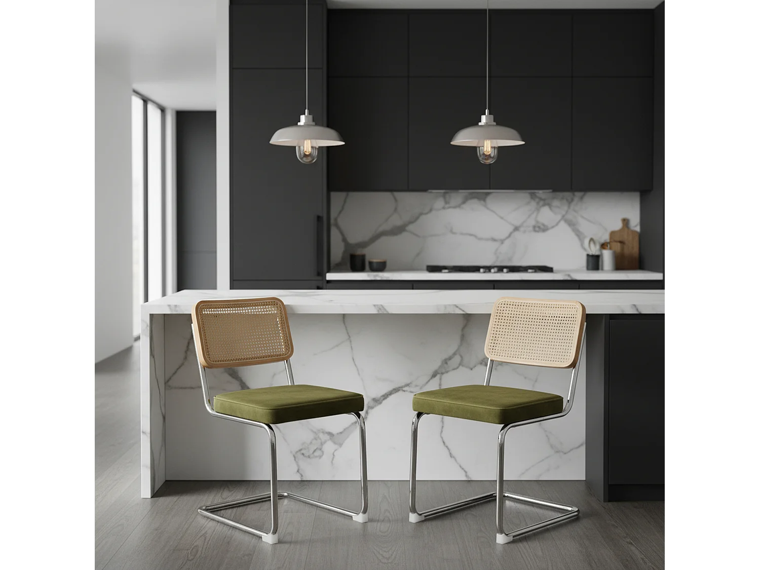 Lot de 2 chaises de salle à manger Breuer en velours vert olive et dossier en rotin, pieds chromés