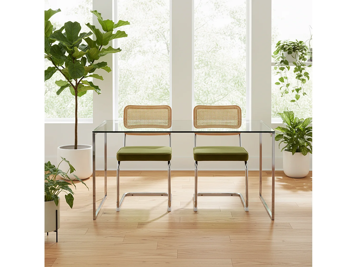 Lot de 2 chaises de salle à manger Breuer en velours vert olive et dossier en rotin, pieds chromés