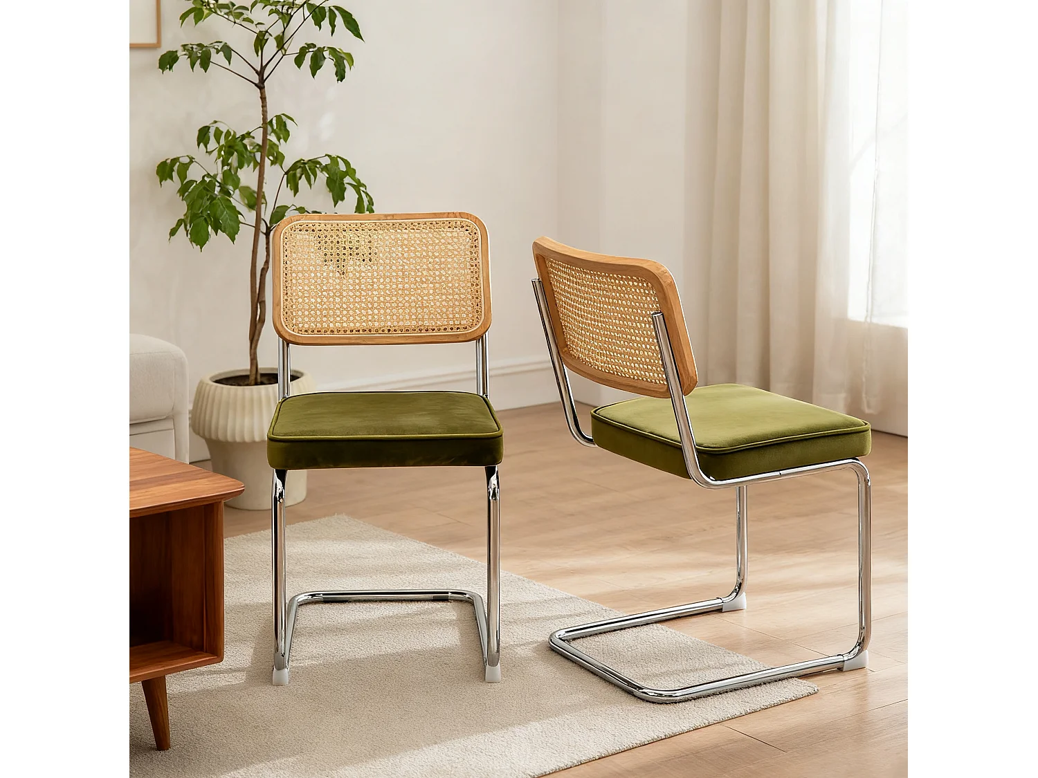 Lot de 2 chaises de salle à manger Breuer en velours vert olive et dossier en rotin, pieds chromés