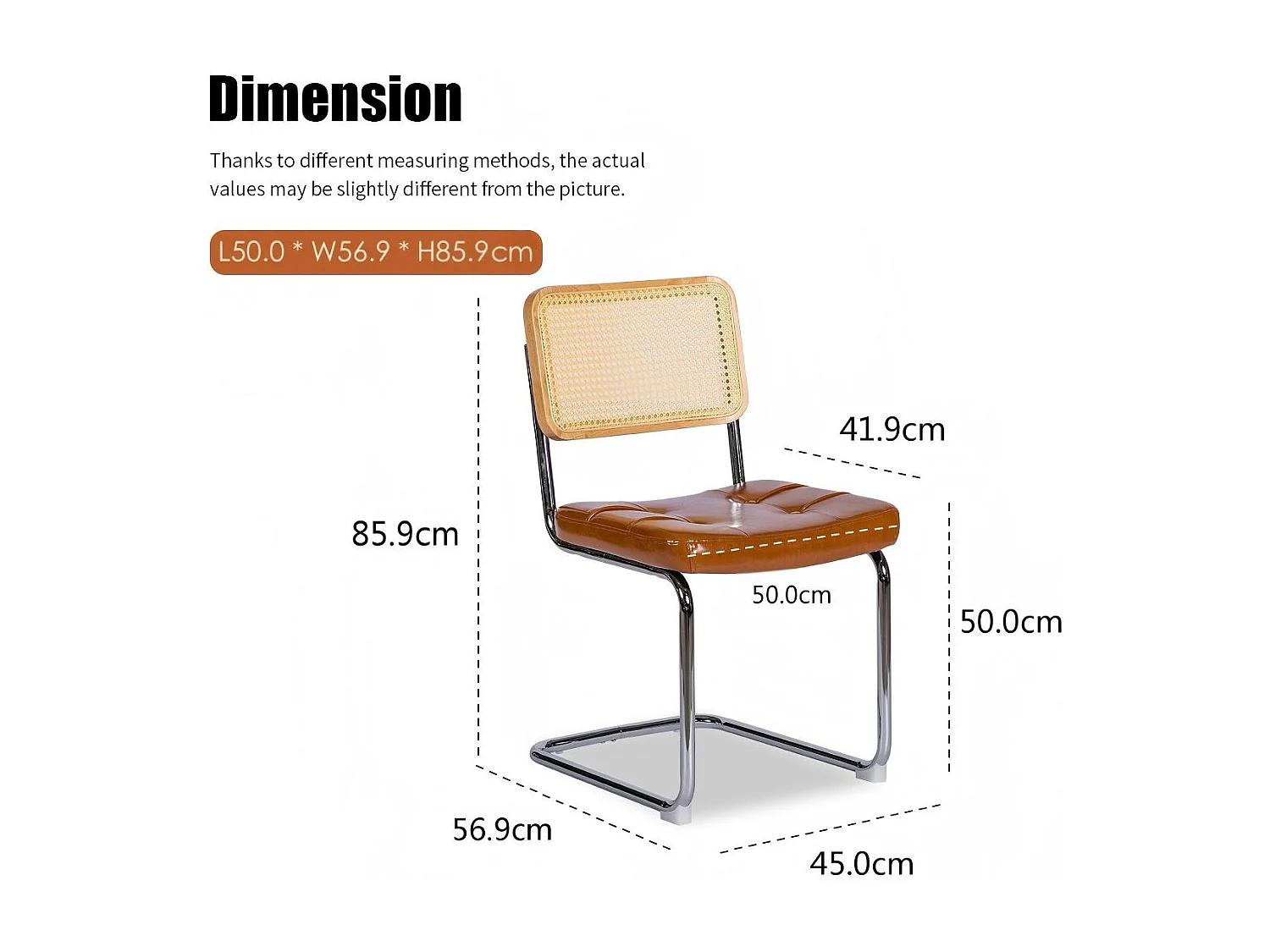Lot de 2 chaises de salle à manger Breuer en PU caramel et dossier en rotin, pieds chromés