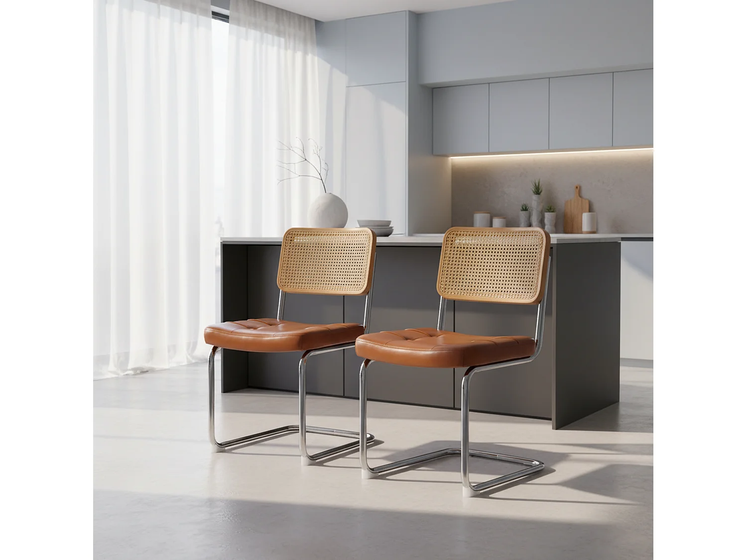 Lot de 2 chaises de salle à manger Breuer en PU caramel et dossier en rotin, pieds chromés