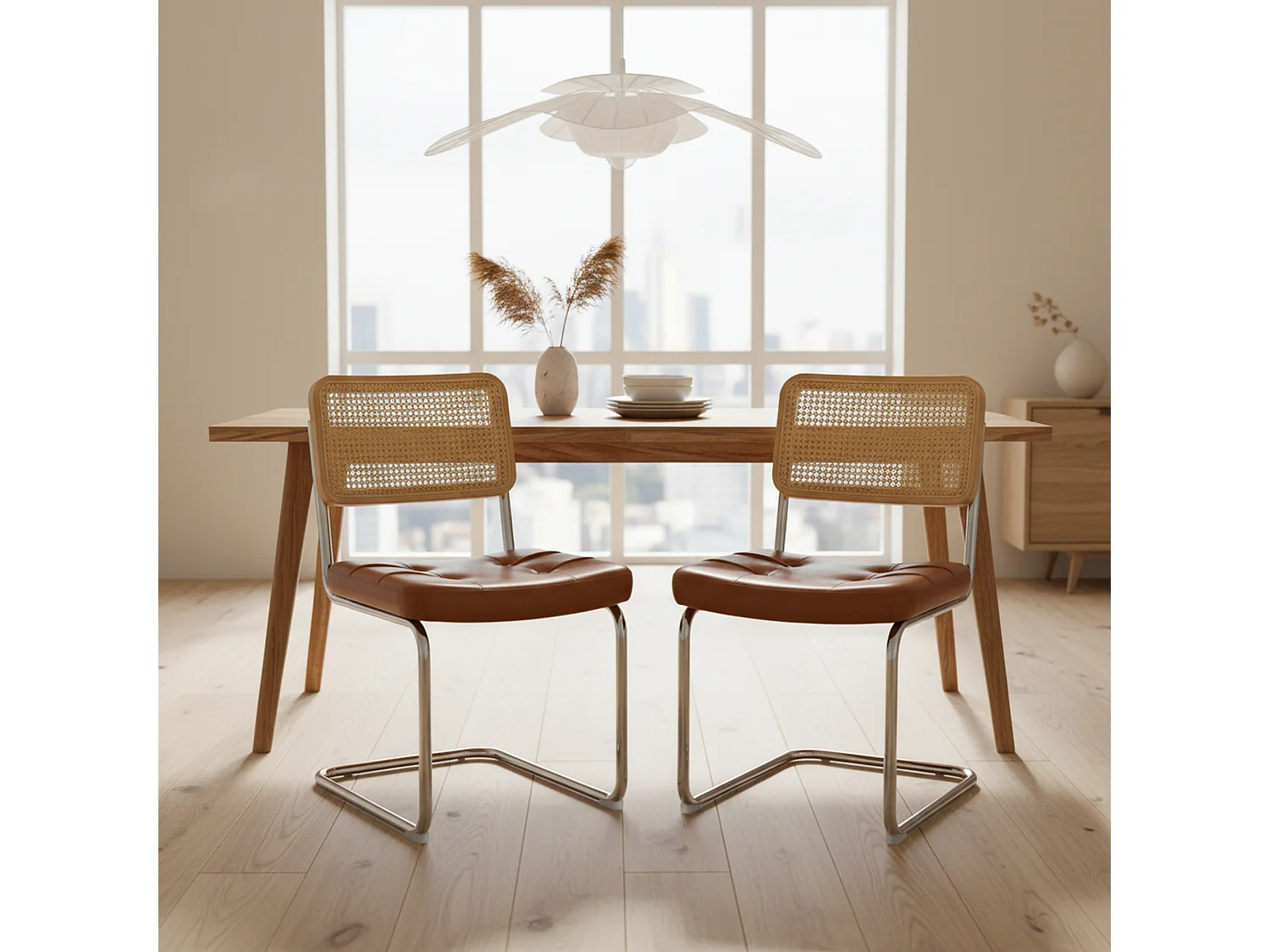 Lot de 2 chaises de salle à manger Breuer en PU caramel et dossier en rotin, pieds chromés