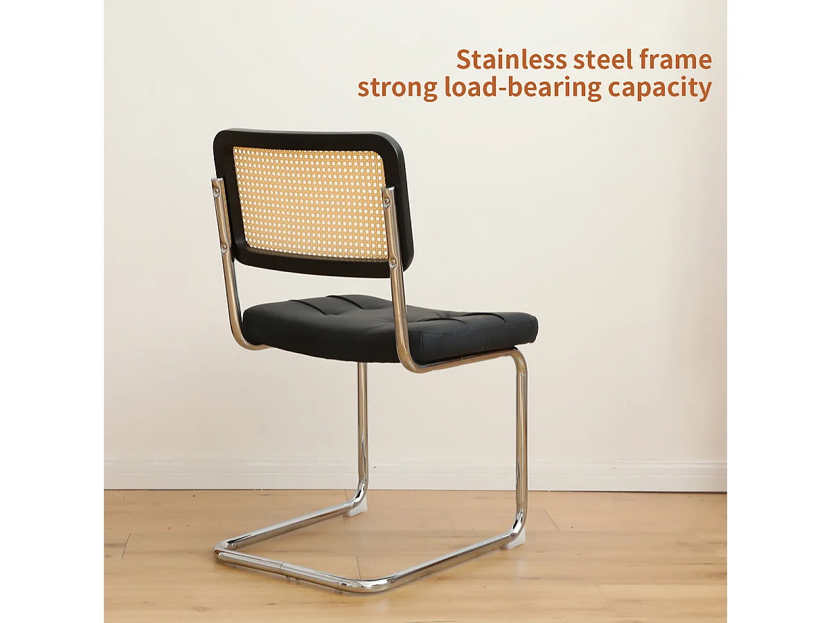 Lot de 2 chaises de salle à manger Breuer en PU noir et dossier en rotin, pieds chromés