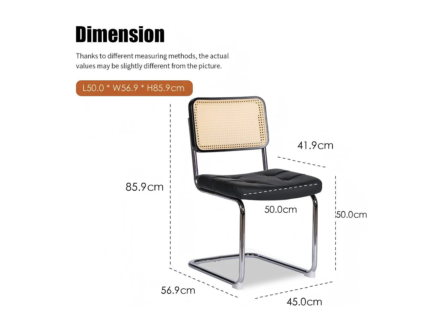 Lot de 2 chaises de salle à manger Breuer en PU noir et dossier en rotin, pieds chromés