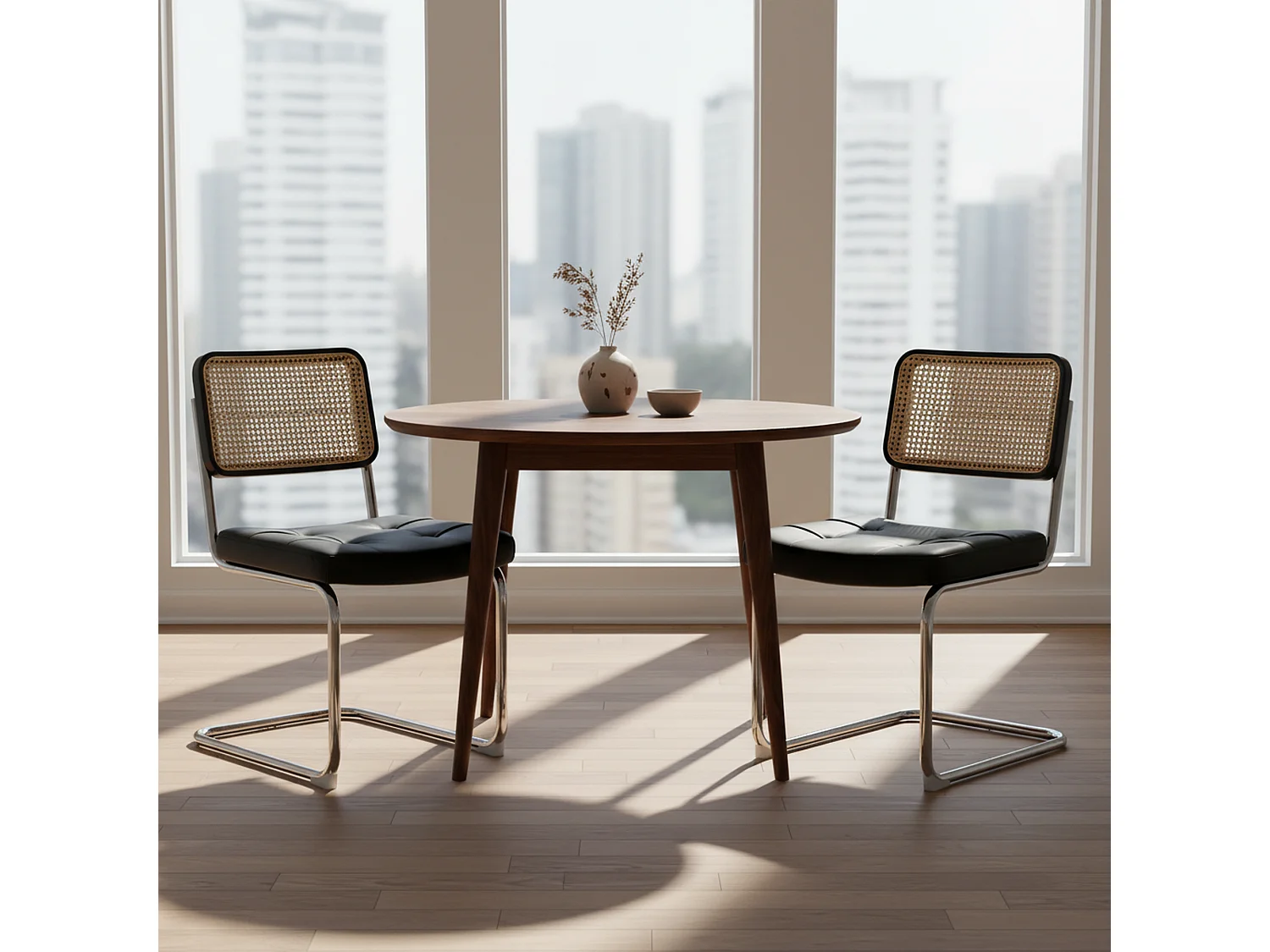 Lot de 2 chaises de salle à manger Breuer en PU noir et dossier en rotin, pieds chromés