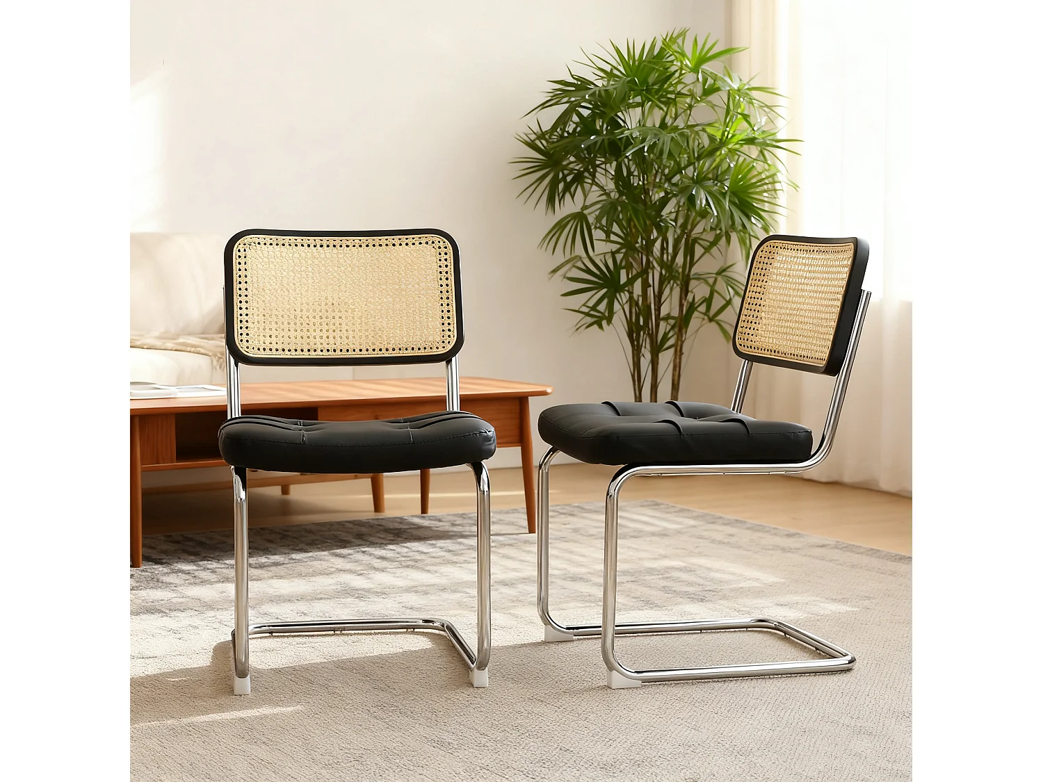 Lot de 2 chaises de salle à manger Breuer en PU noir et dossier en rotin, pieds chromés