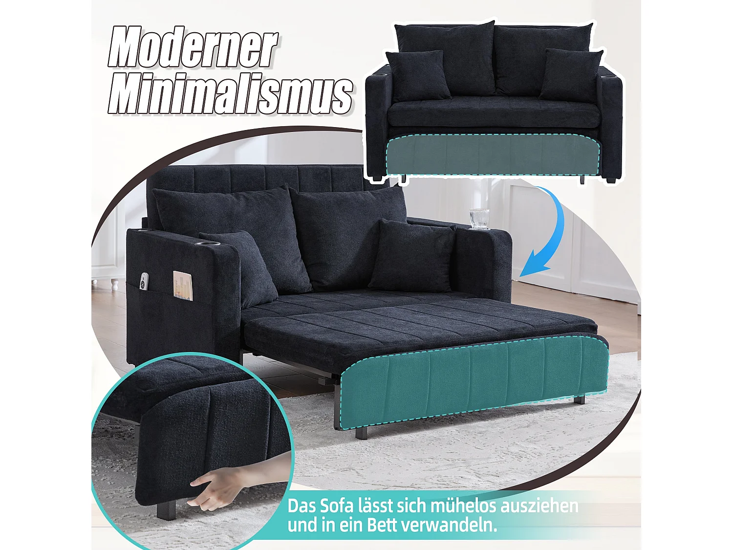 Canapé convertible 2-place en tissu chenille noir avec rangement, USB et porte-gobelet, 139x83x58cm