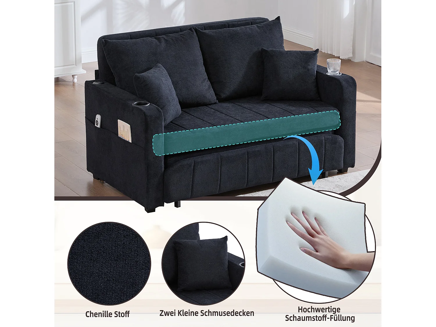 Canapé convertible 2-place en tissu chenille noir avec rangement, USB et porte-gobelet, 139x83x58cm