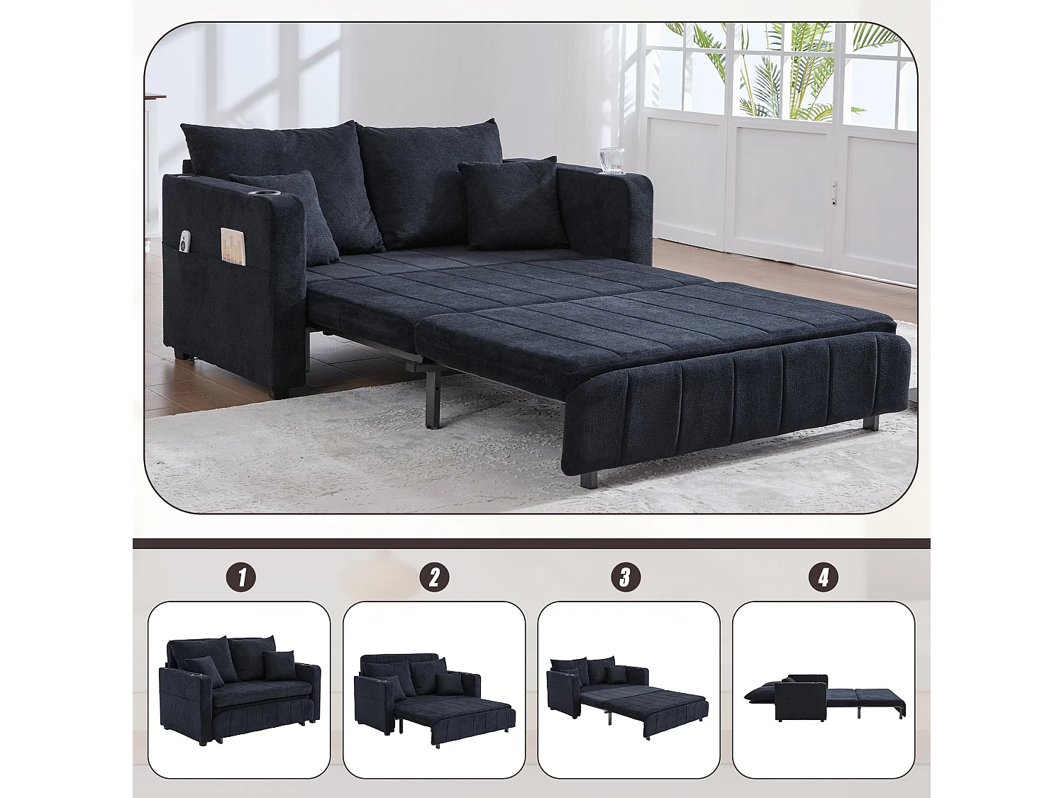 Canapé convertible 2-place en tissu chenille noir avec rangement, USB et porte-gobelet, 139x83x58cm