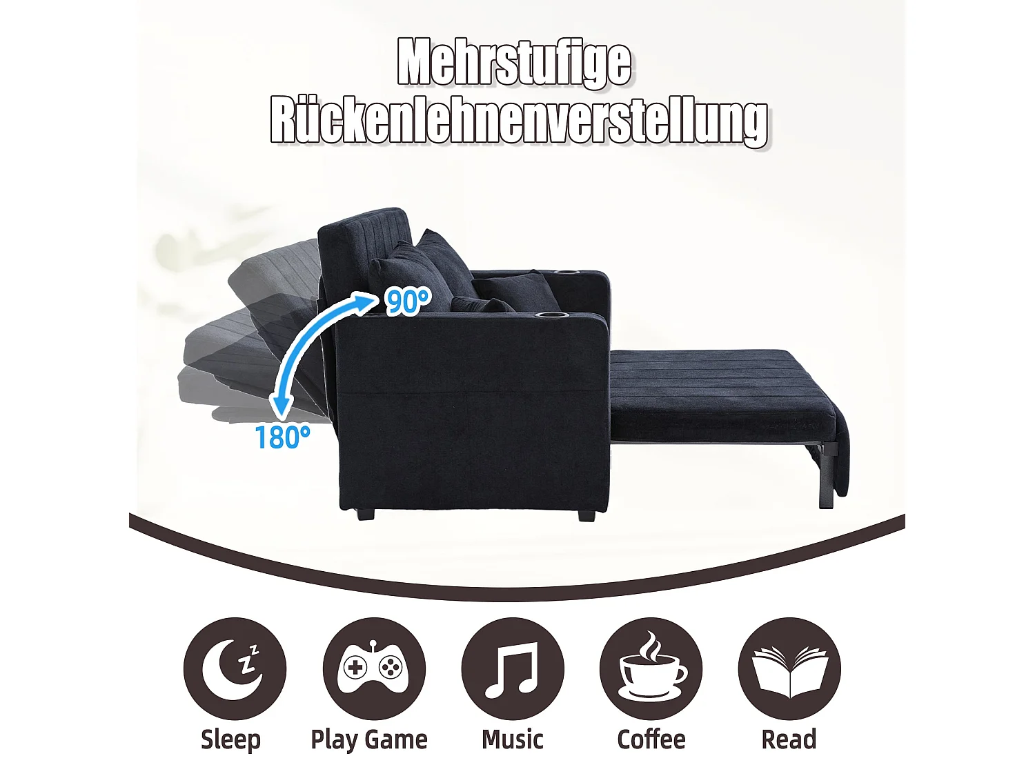 Canapé convertible 2-place en tissu chenille noir avec rangement, USB et porte-gobelet, 139x83x58cm