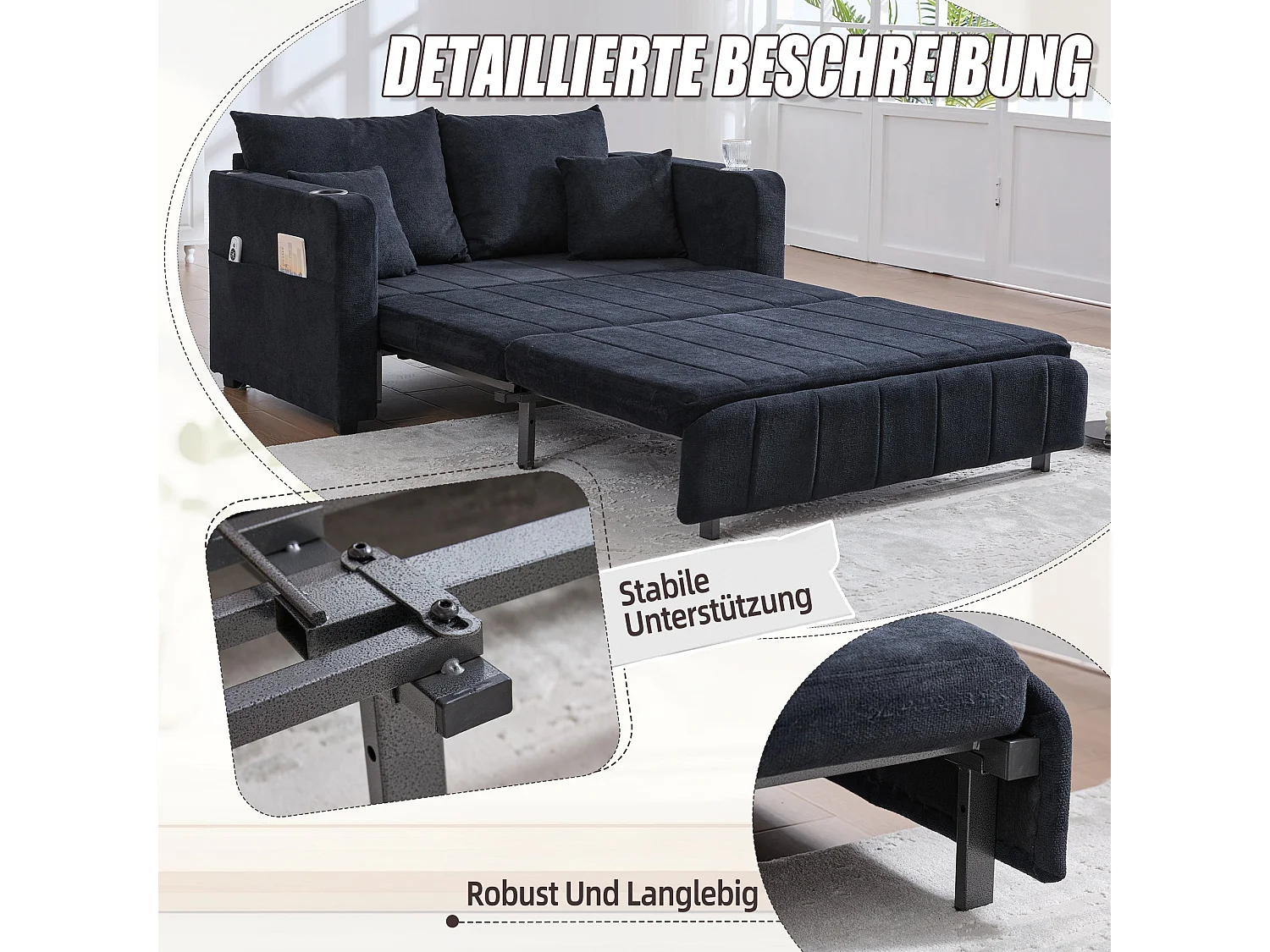 Canapé convertible 2-place en tissu chenille noir avec rangement, USB et porte-gobelet, 139x83x58cm