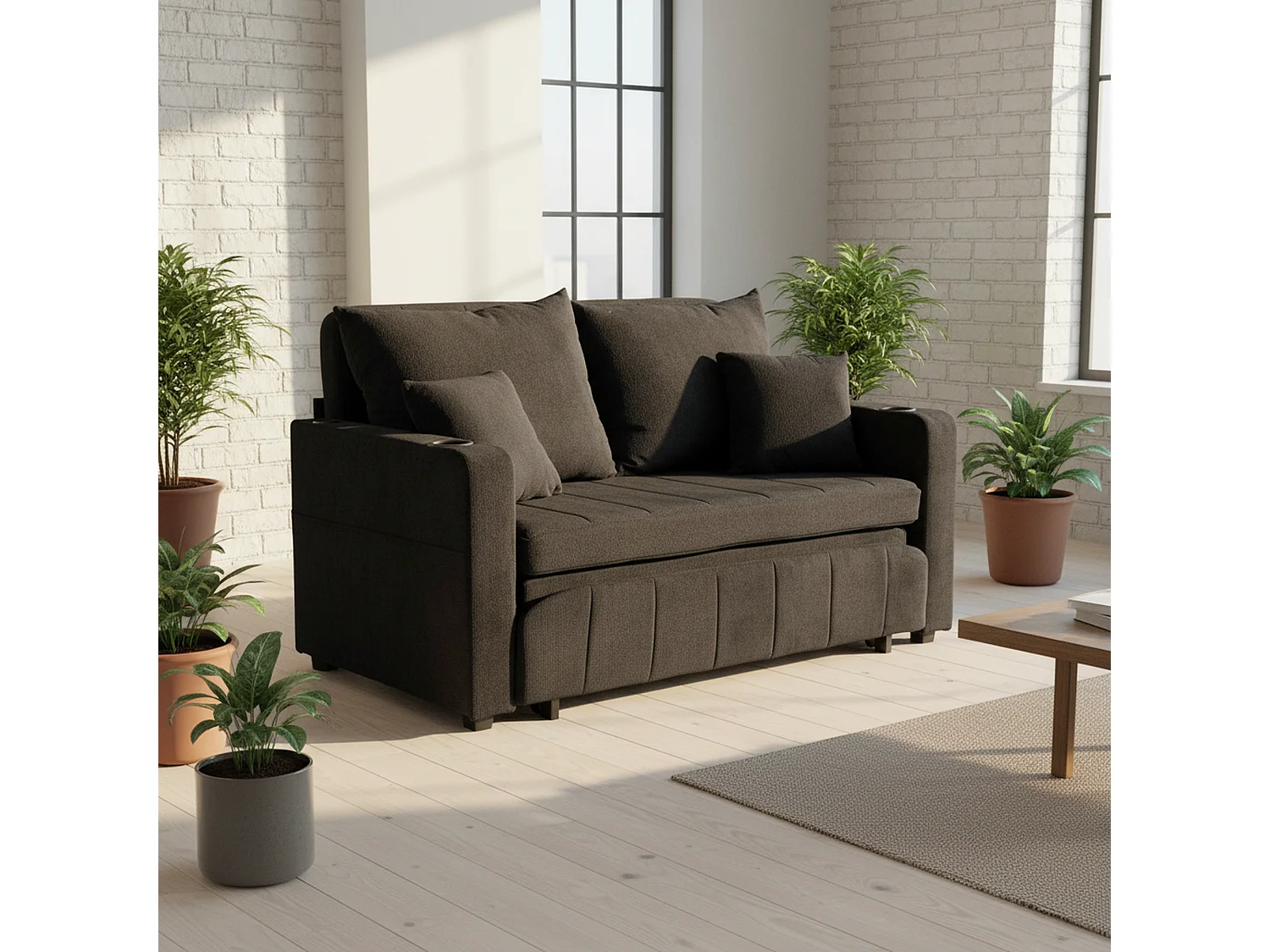 Canapé convertible 2-place en tissu chenille noir avec rangement, USB et porte-gobelet, 139x83x58cm