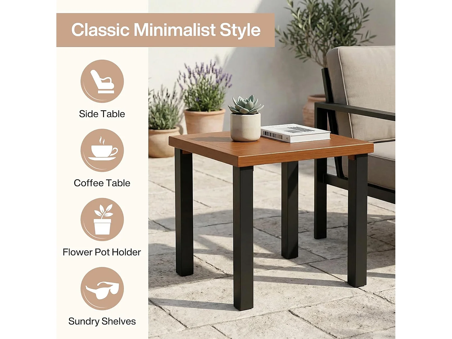 Mesa lateral cuadrada de jardín al aire libre para patios, balcones, jardines o salones