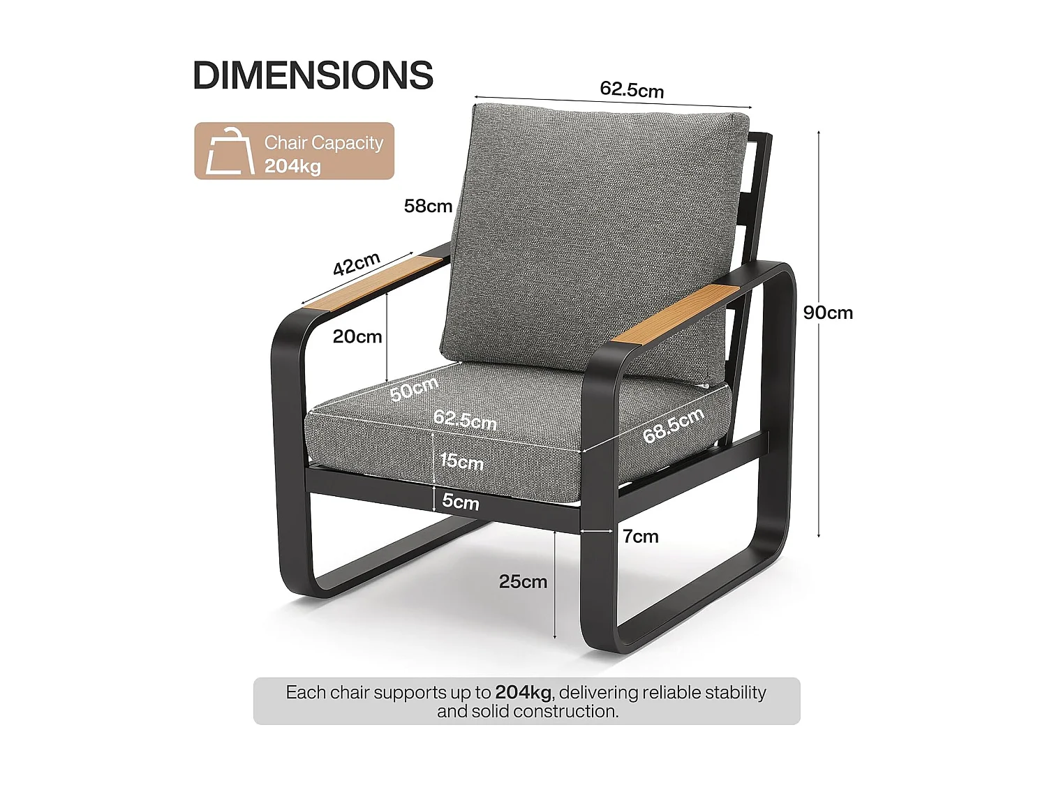 Zwarte aluminium tuinstoel met grijze kussens