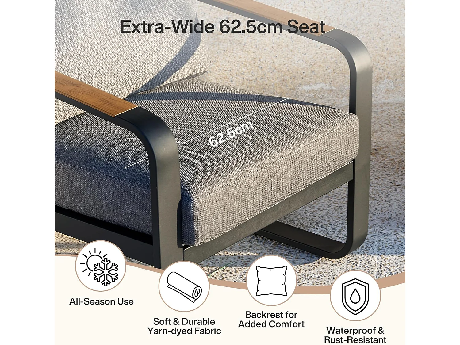 Zwarte aluminium tuinstoel met grijze kussens