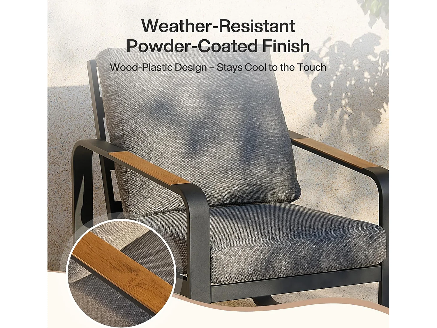 Zwarte aluminium tuinstoel met grijze kussens