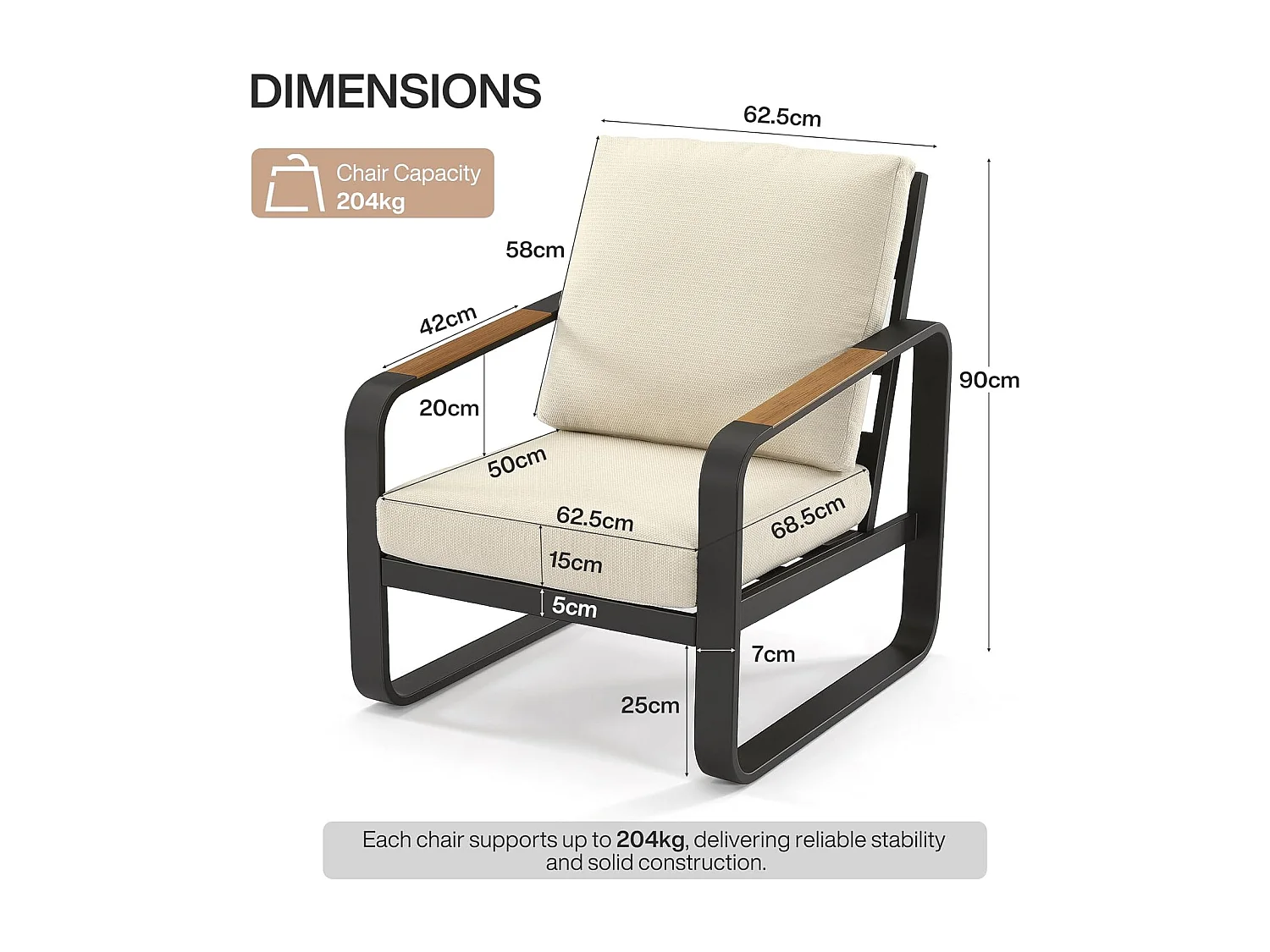 Zwarte aluminium tuinstoel met beige kussens