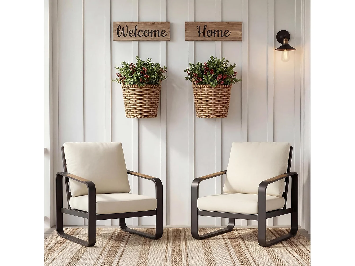 Zwarte aluminium tuinstoel met beige kussens