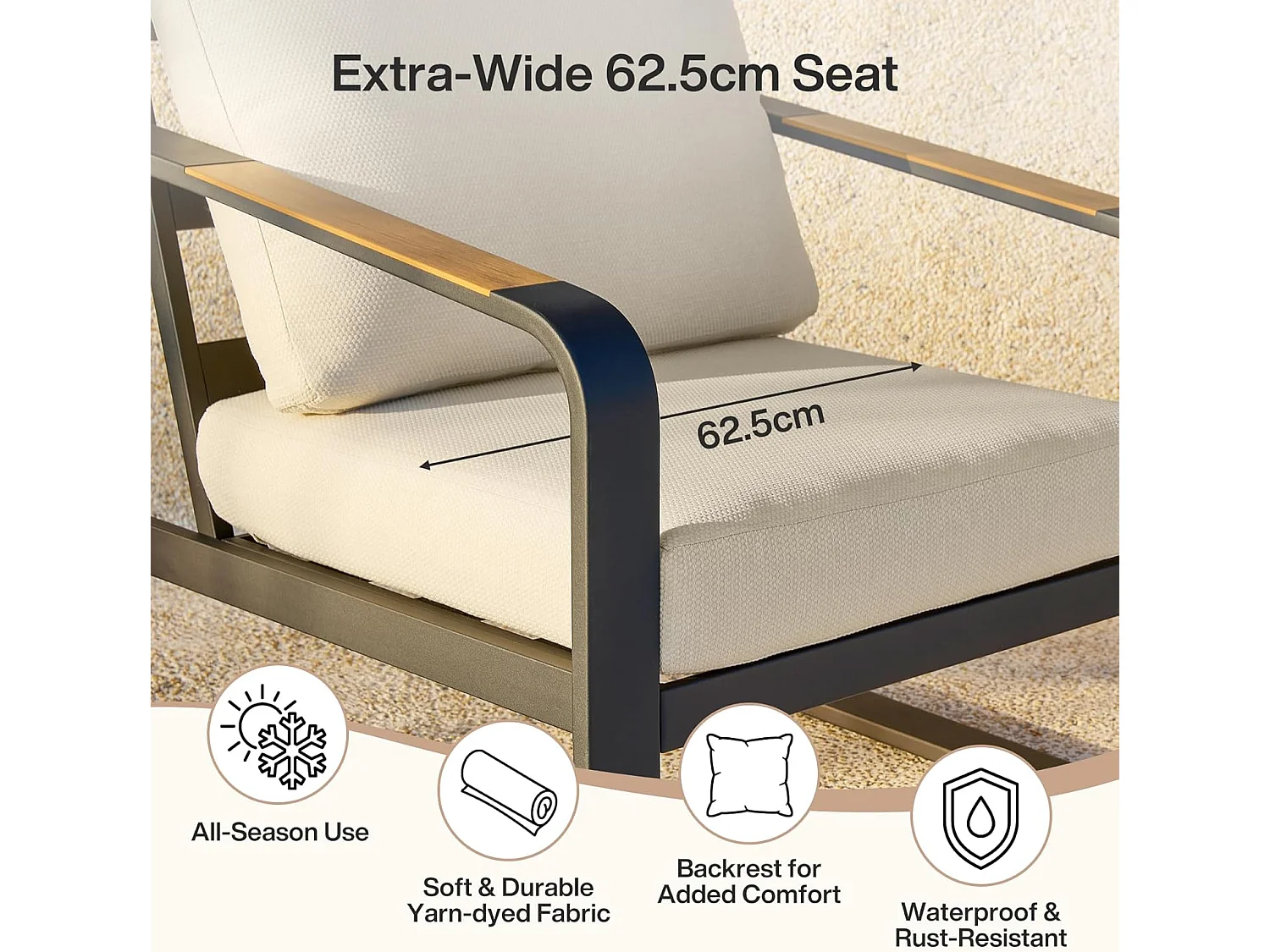 Zwarte aluminium tuinstoel met beige kussens