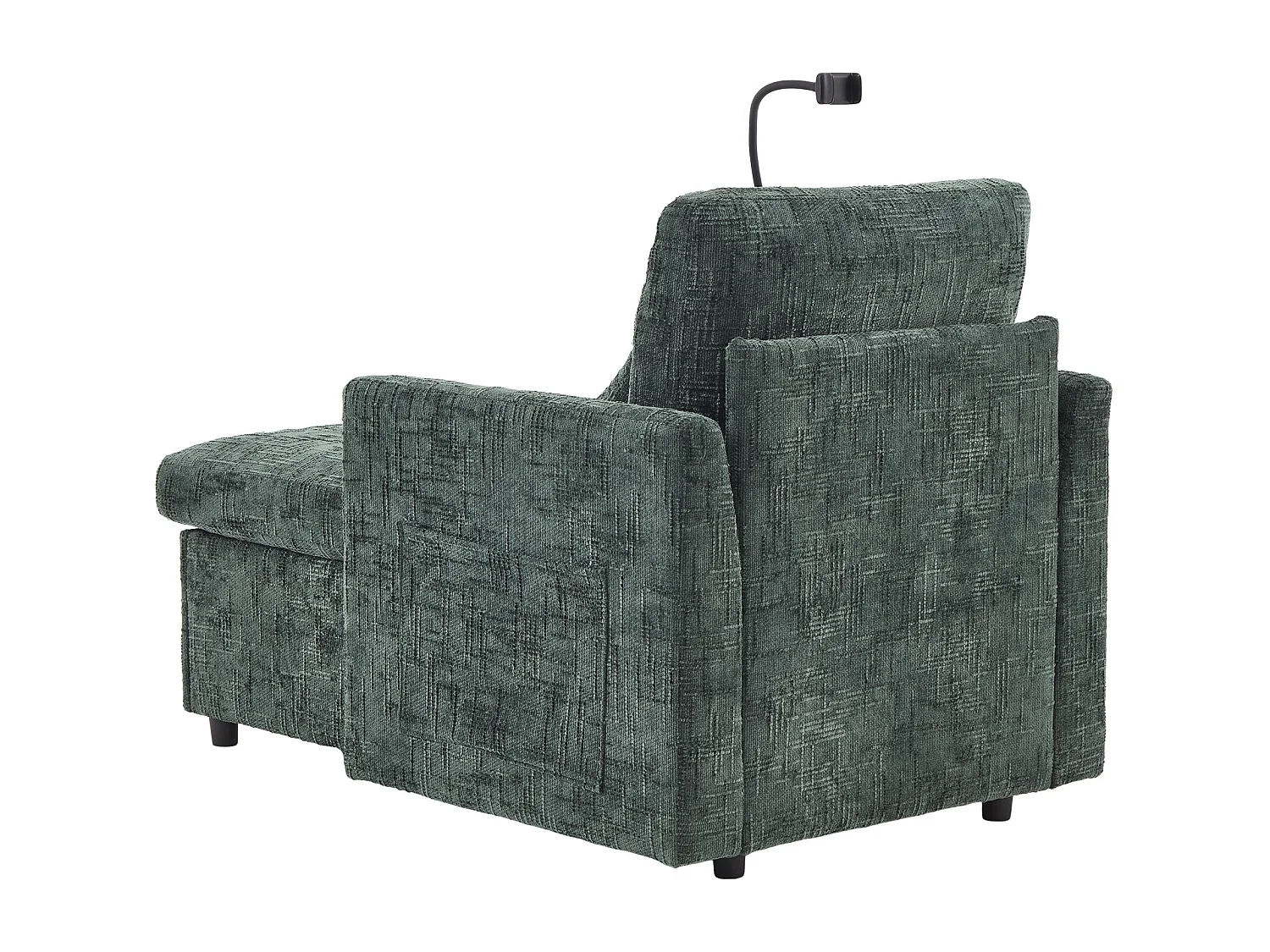 Canapé simple fauteuil lounge chenille émeraude vert avec support téléphone, rangement, coussin & poches latérales
