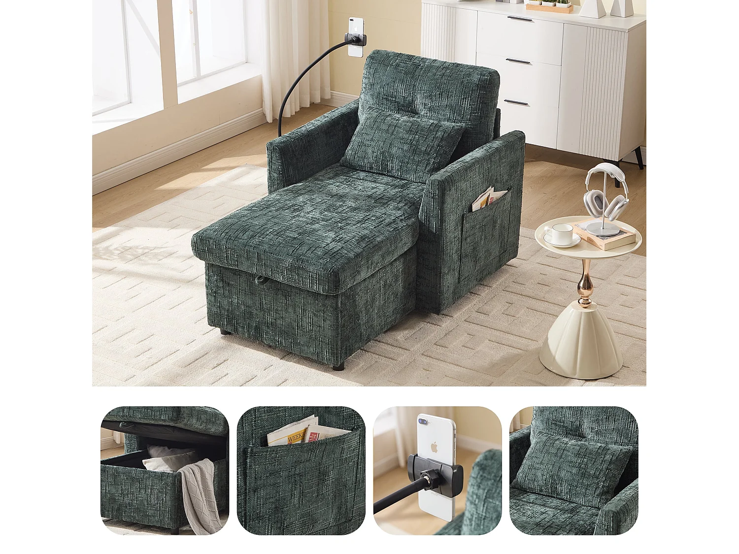 Canapé simple fauteuil lounge chenille émeraude vert avec support téléphone, rangement, coussin & poches latérales