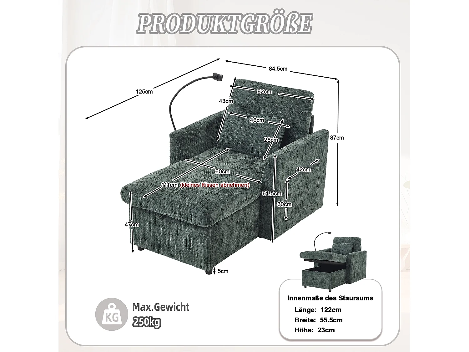 Canapé simple fauteuil lounge chenille émeraude vert avec support téléphone, rangement, coussin & poches latérales