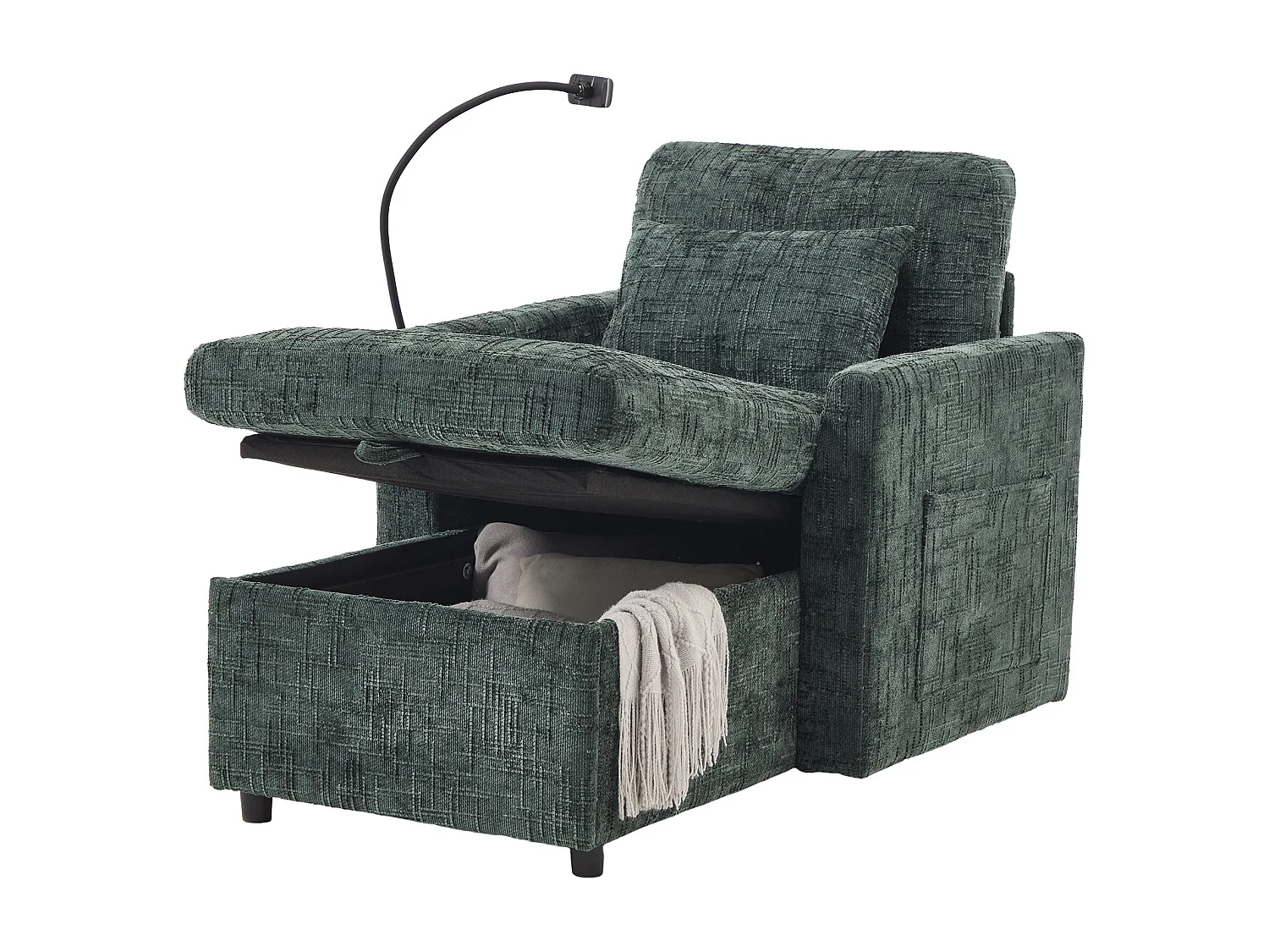 Canapé simple fauteuil lounge chenille émeraude vert avec support téléphone, rangement, coussin & poches latérales