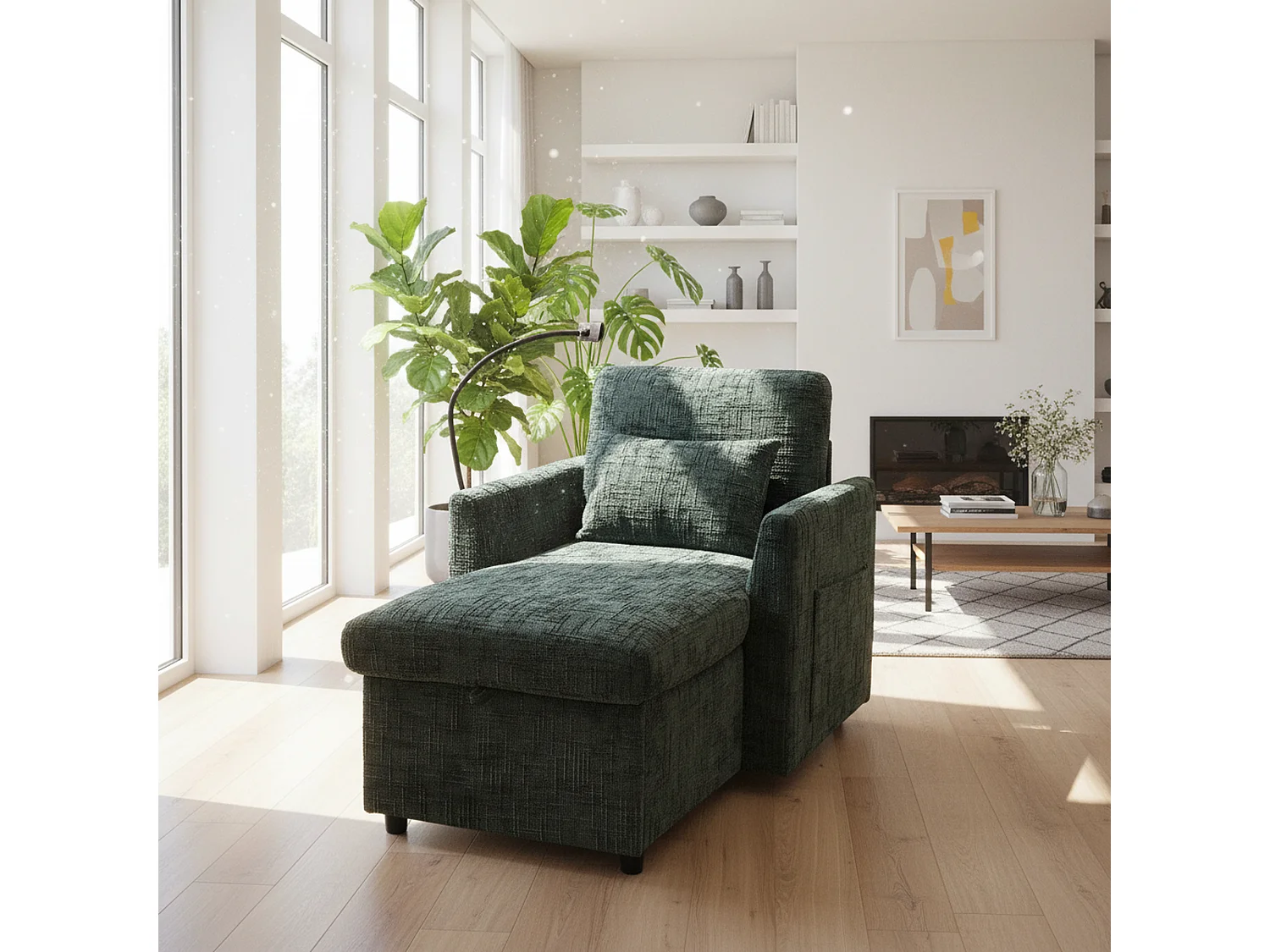 Canapé simple fauteuil lounge chenille émeraude vert avec support téléphone, rangement, coussin & poches latérales