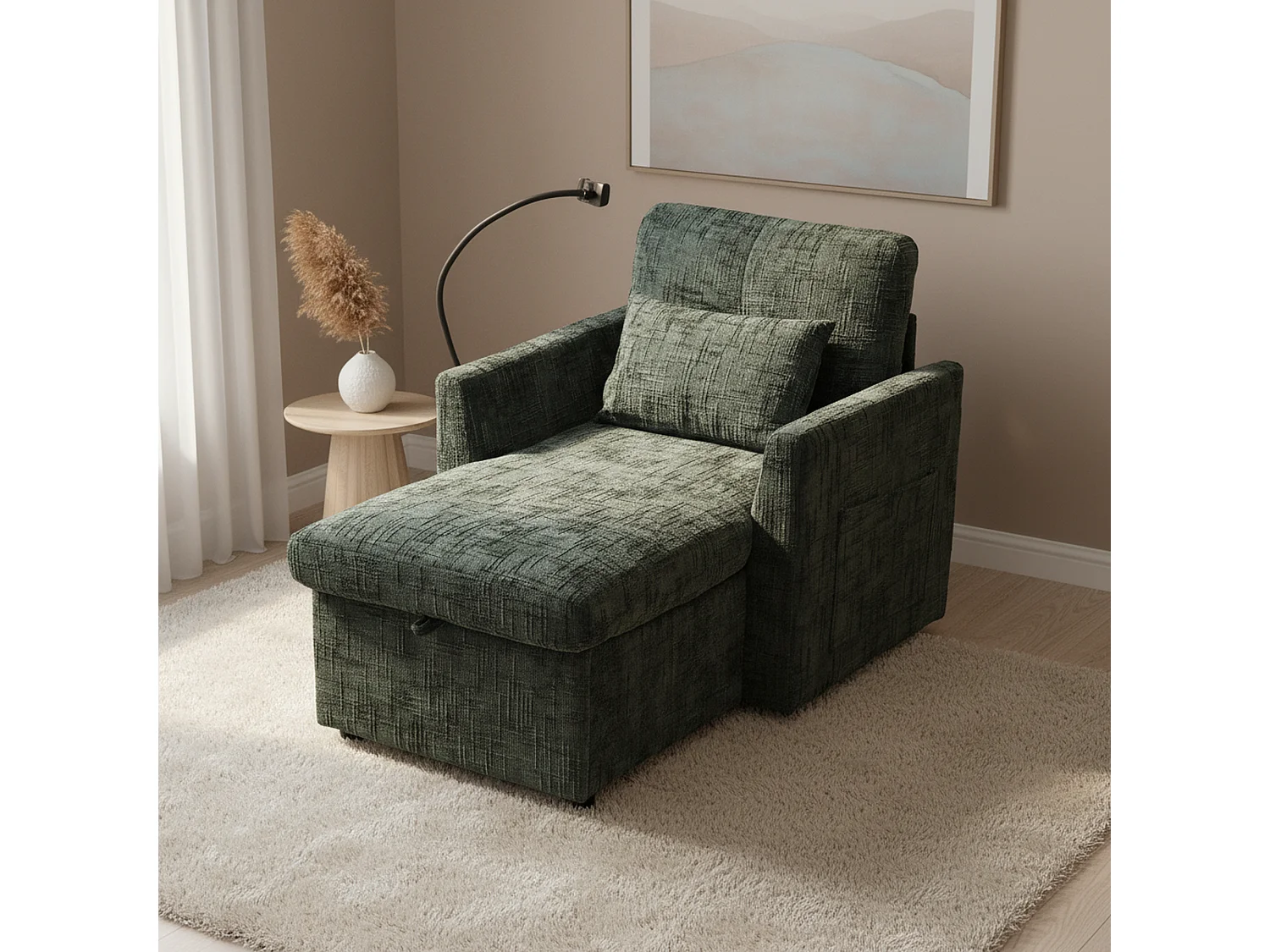 Canapé simple fauteuil lounge chenille émeraude vert avec support téléphone, rangement, coussin & poches latérales
