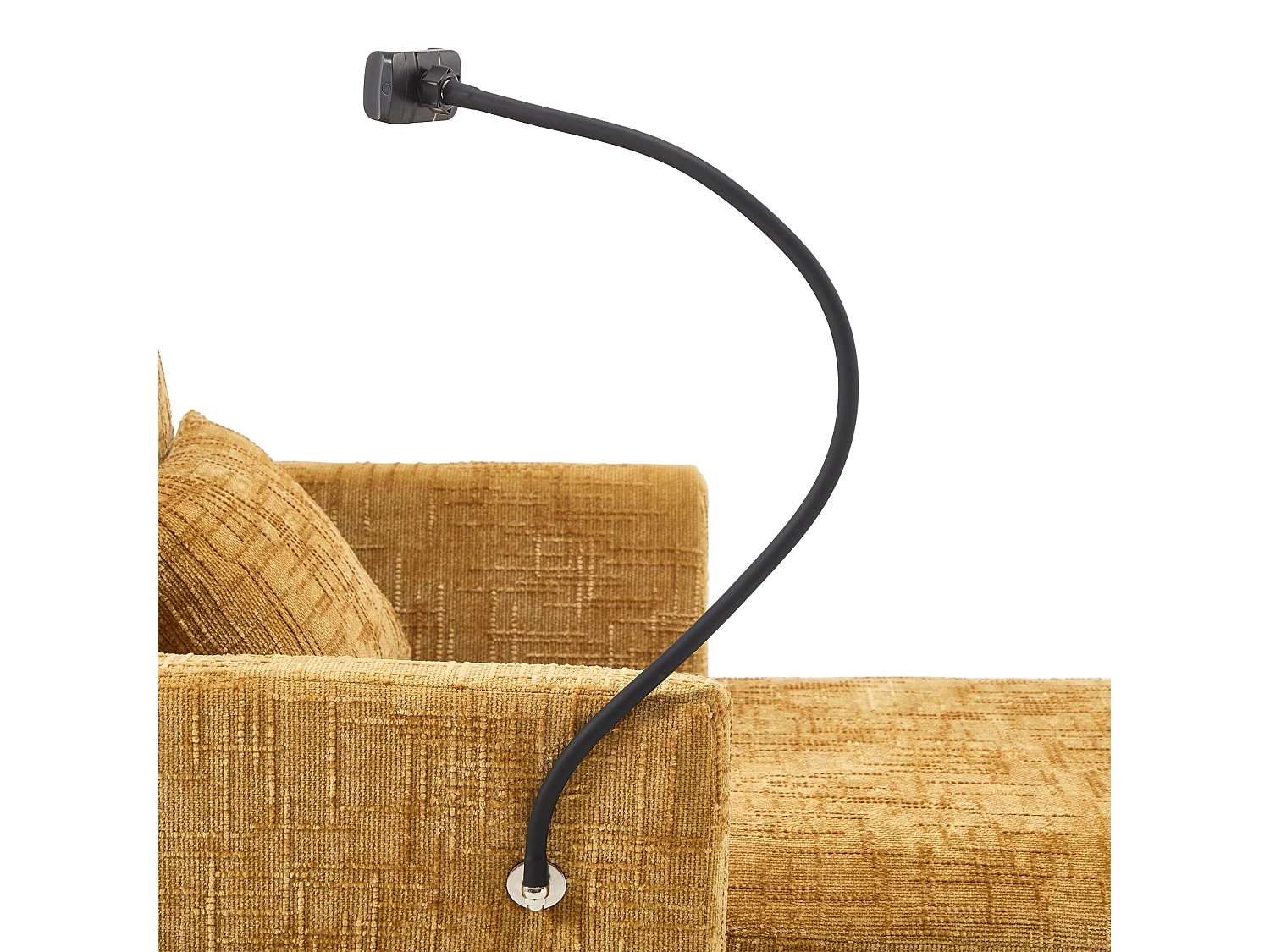 Canapé simple fauteuil lounge chenille jaune moutarde avec support téléphone, rangement, coussin & poches latérales