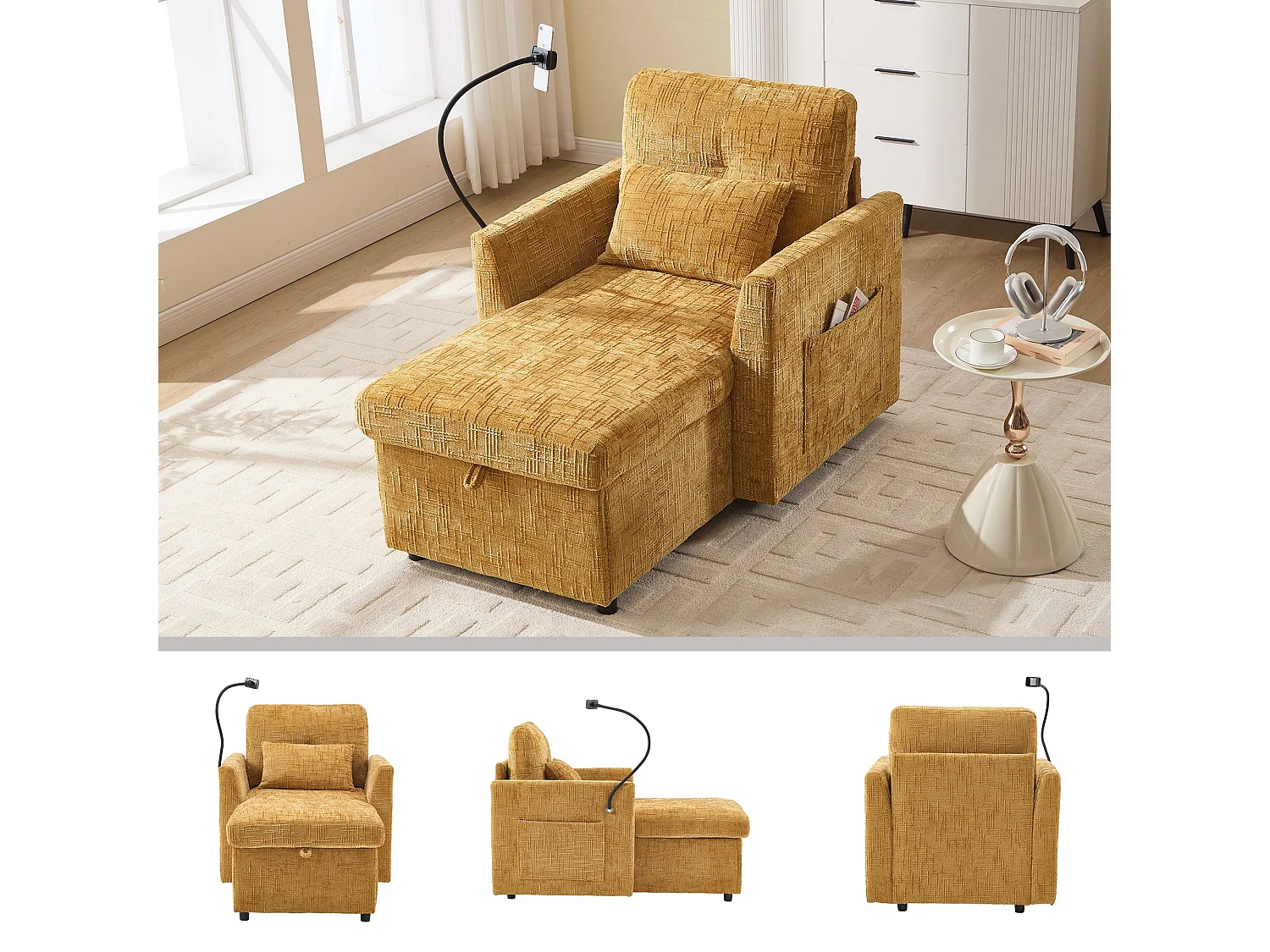 Canapé simple fauteuil lounge chenille jaune moutarde avec support téléphone, rangement, coussin & poches latérales