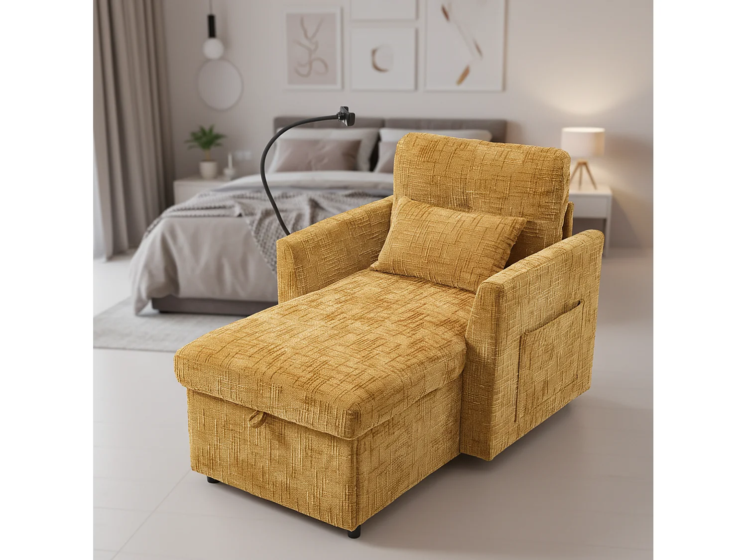 Canapé simple fauteuil lounge chenille jaune moutarde avec support téléphone, rangement, coussin & poches latérales