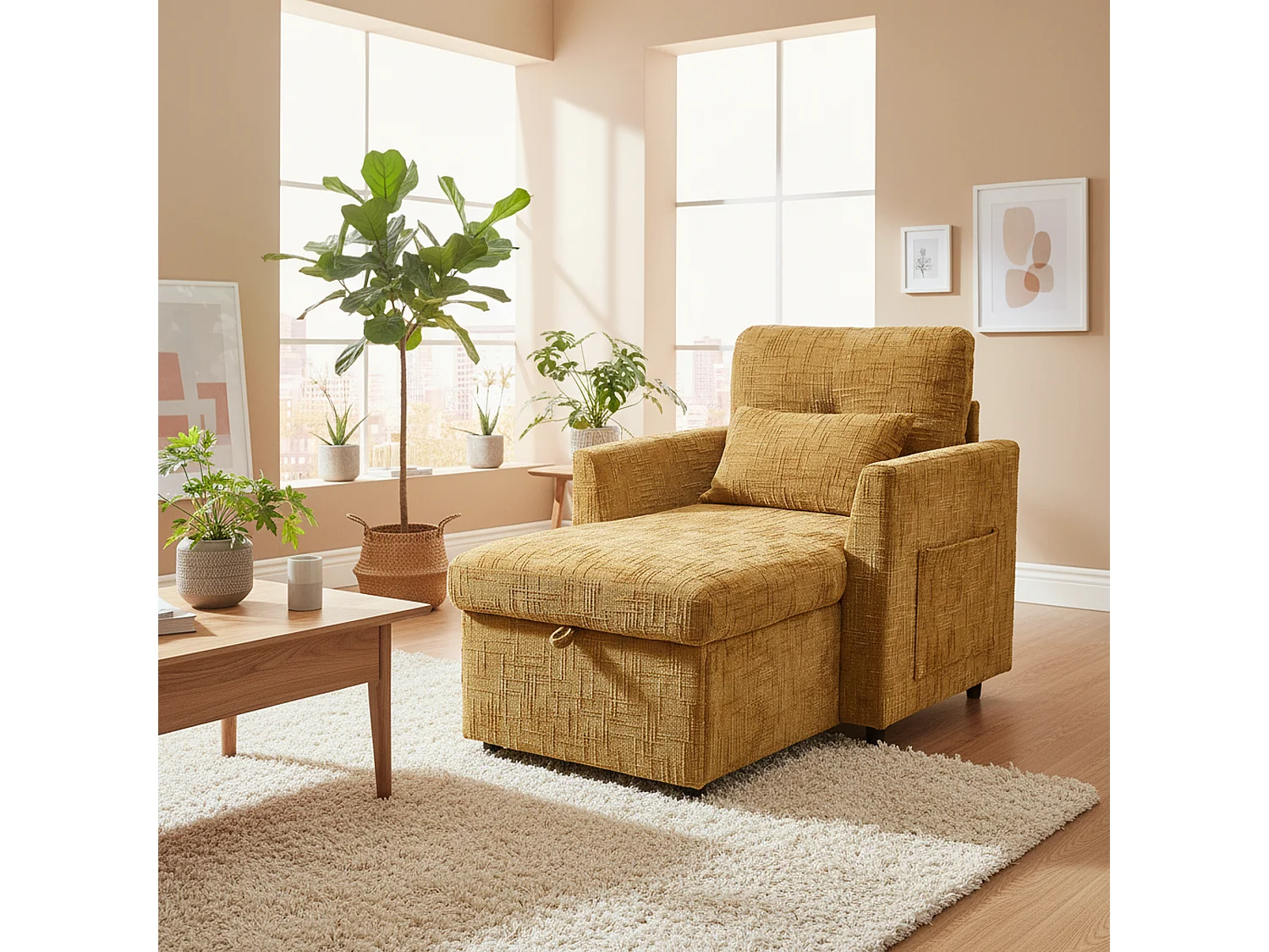Canapé simple fauteuil lounge chenille jaune moutarde avec support téléphone, rangement, coussin & poches latérales