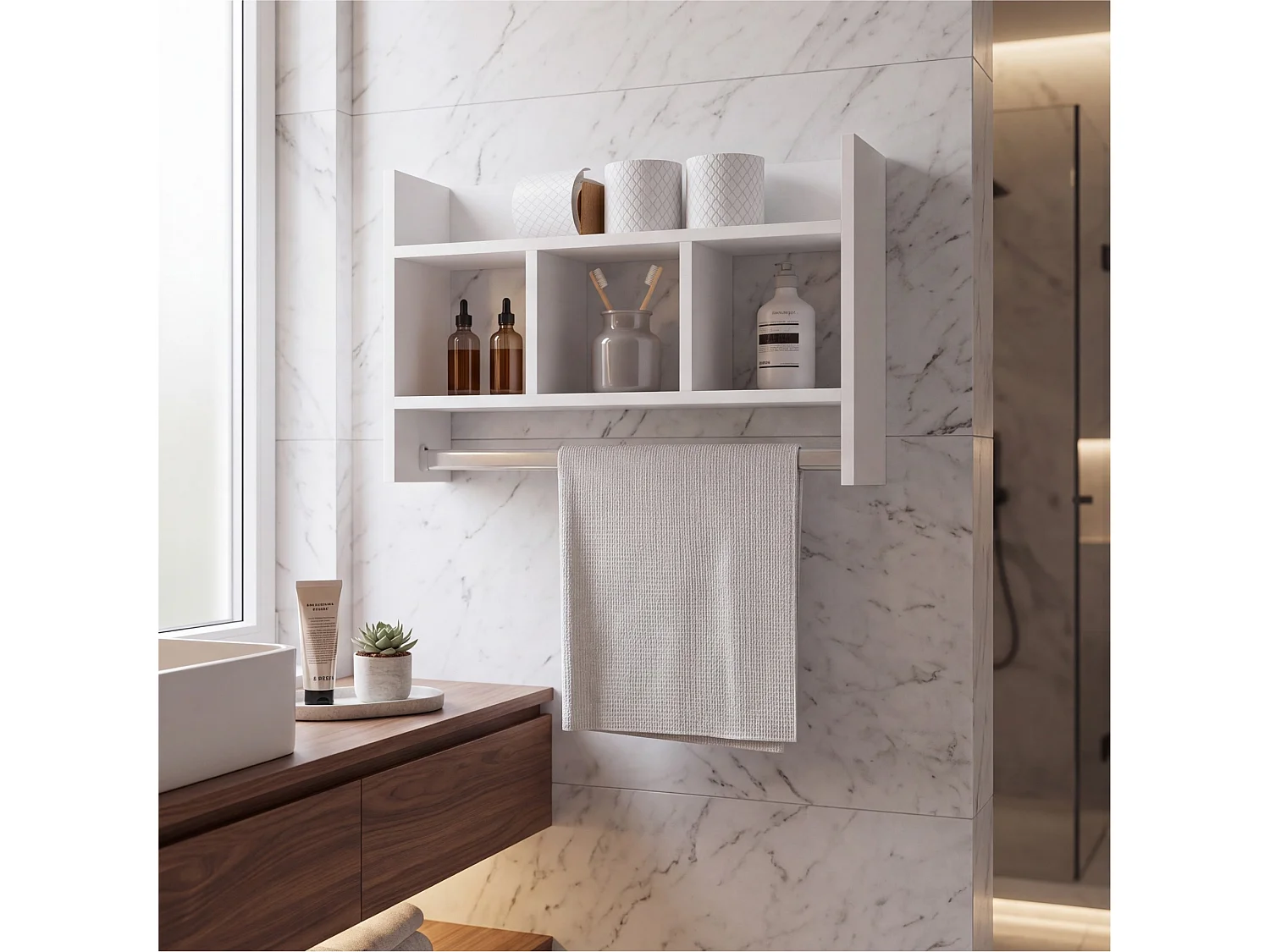 Portasciugamani a parete da 64 cm con barra appendiabiti e 5 ripiani, bianco