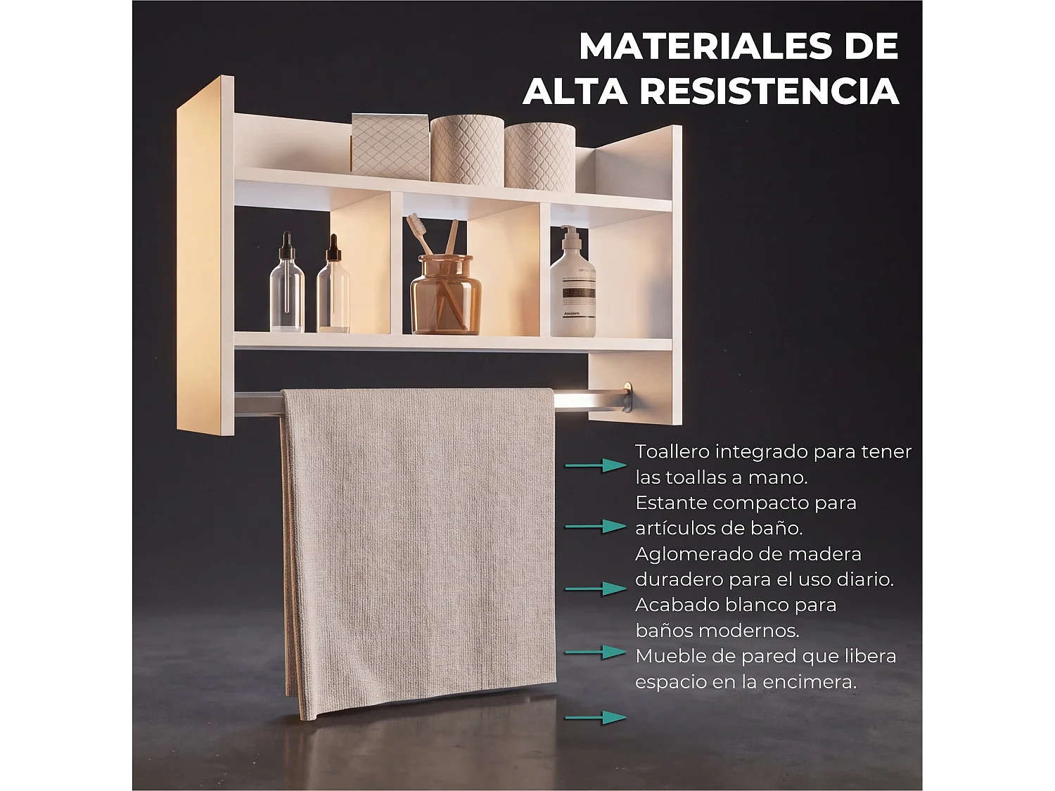 Portasciugamani a parete da 64 cm con barra appendiabiti e 5 ripiani, bianco