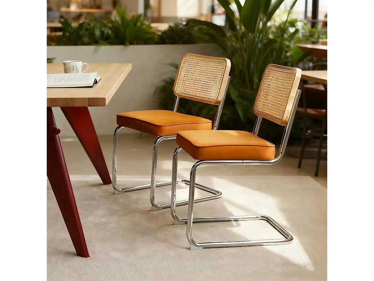 Lot de 2 chaises de salle à manger Breuer en velours orange et dossier en rotin, pieds chromés