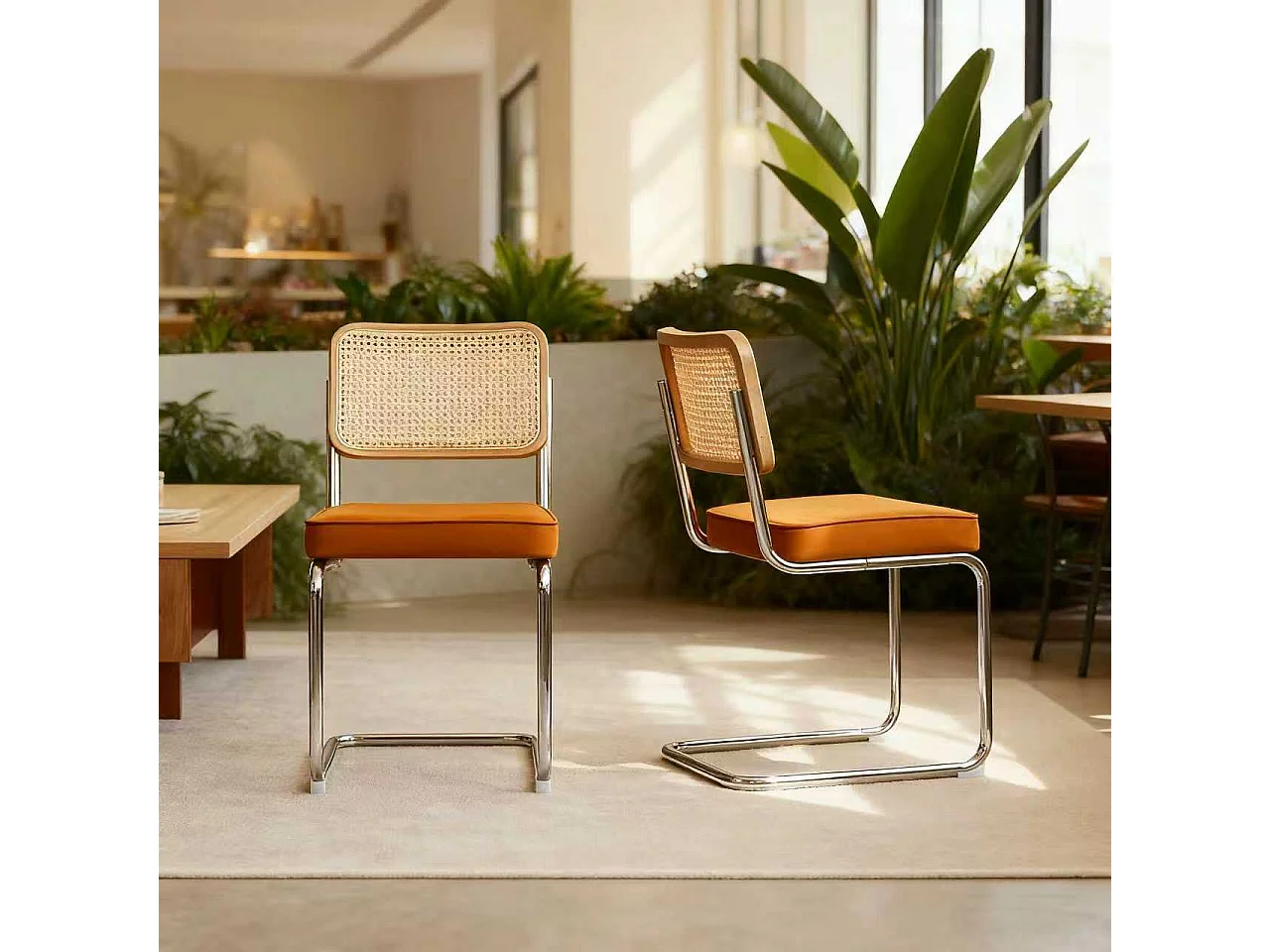 Lot de 2 chaises de salle à manger Breuer en velours orange et dossier en rotin, pieds chromés