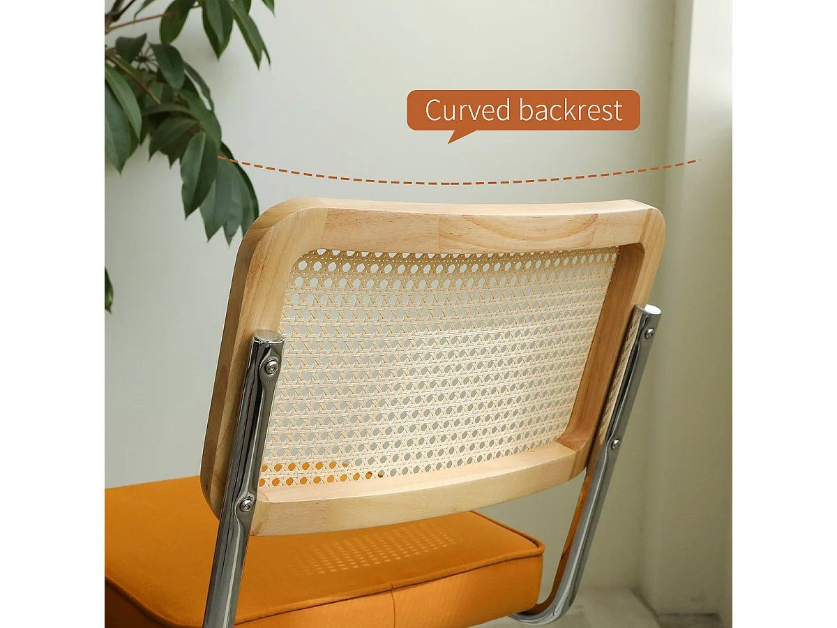 Lot de 2 chaises de salle à manger Breuer en velours orange et dossier en rotin, pieds chromés