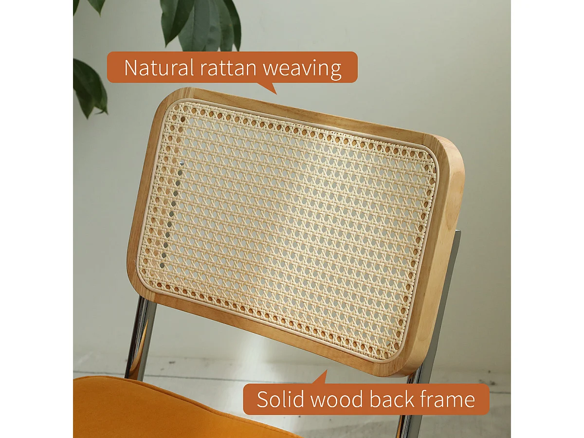 Lot de 2 chaises de salle à manger Breuer en velours orange et dossier en rotin, pieds chromés