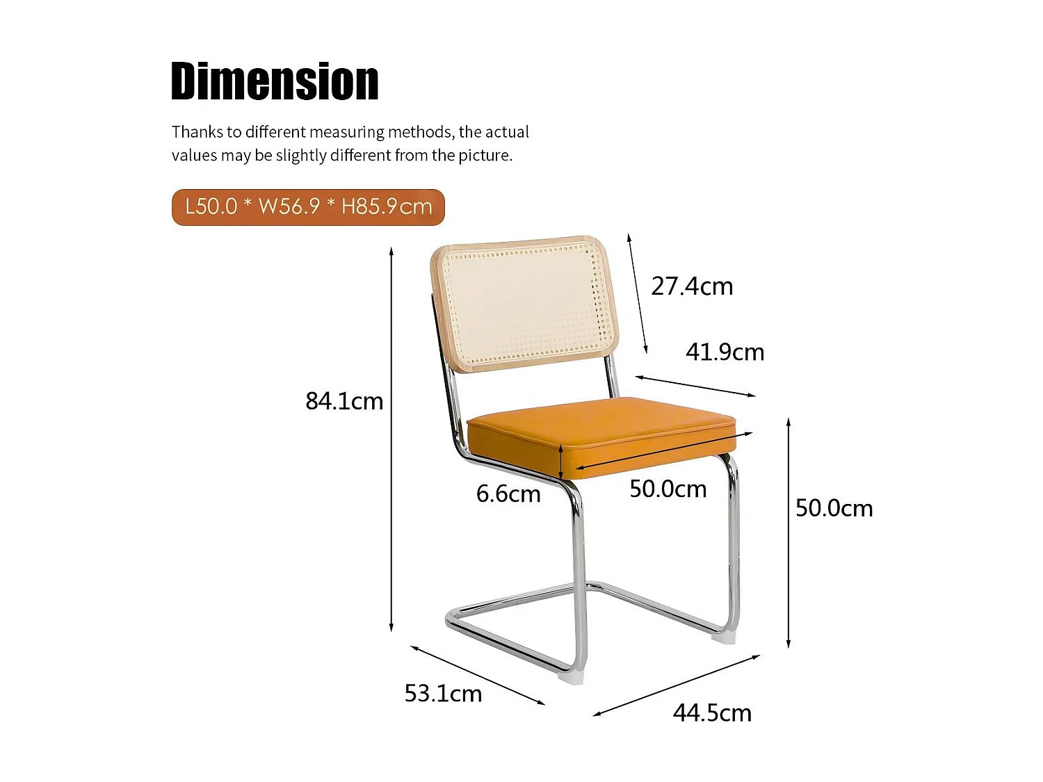 Lot de 2 chaises de salle à manger Breuer en velours orange et dossier en rotin, pieds chromés