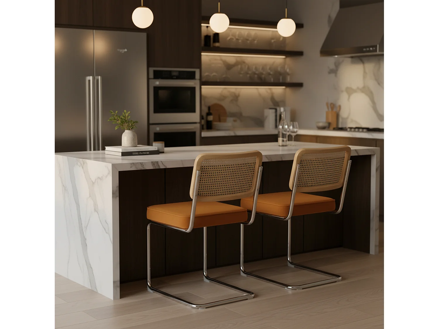 Lot de 2 chaises de salle à manger Breuer en velours orange et dossier en rotin, pieds chromés