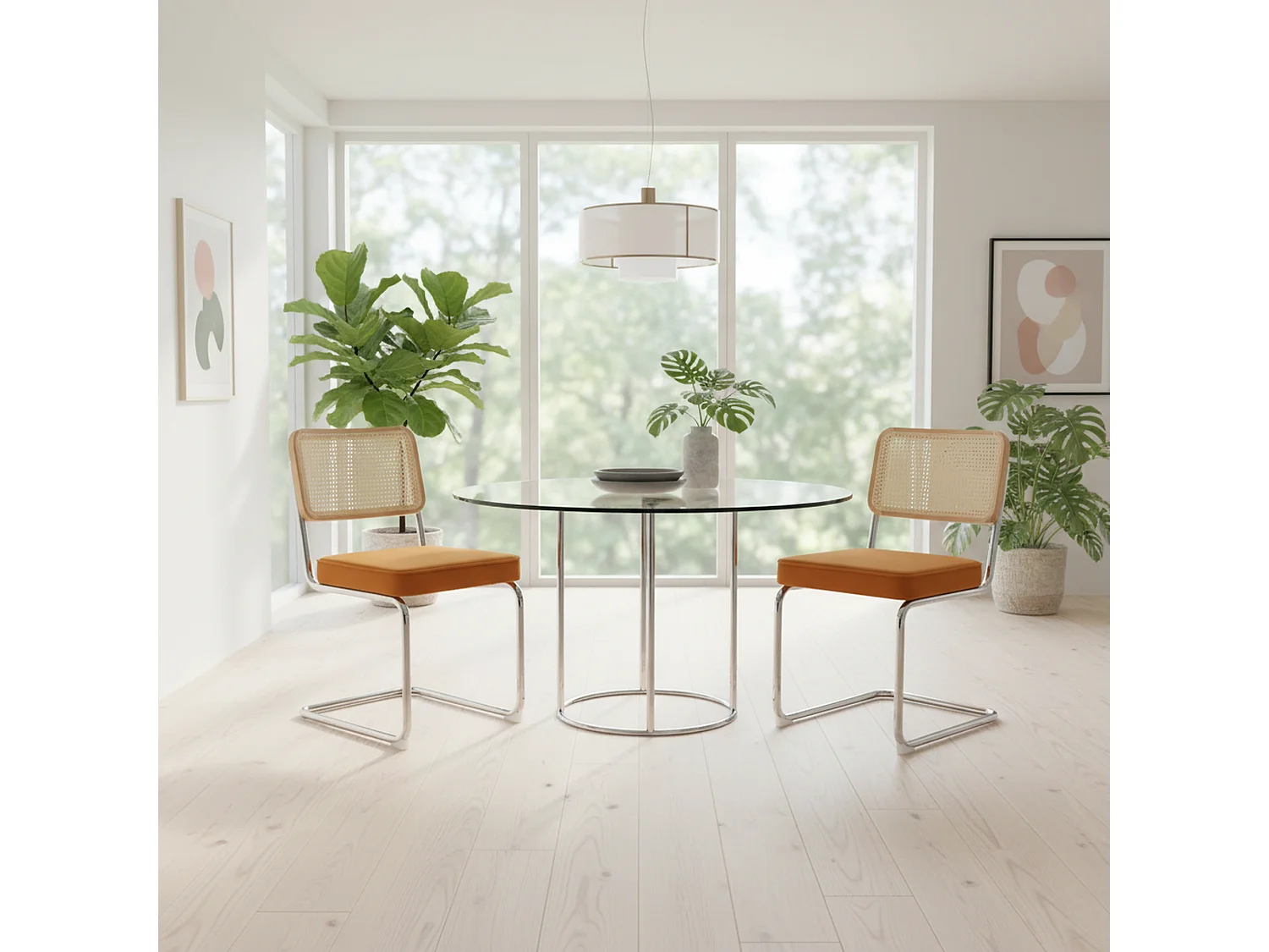 Lot de 2 chaises de salle à manger Breuer en velours orange et dossier en rotin, pieds chromés