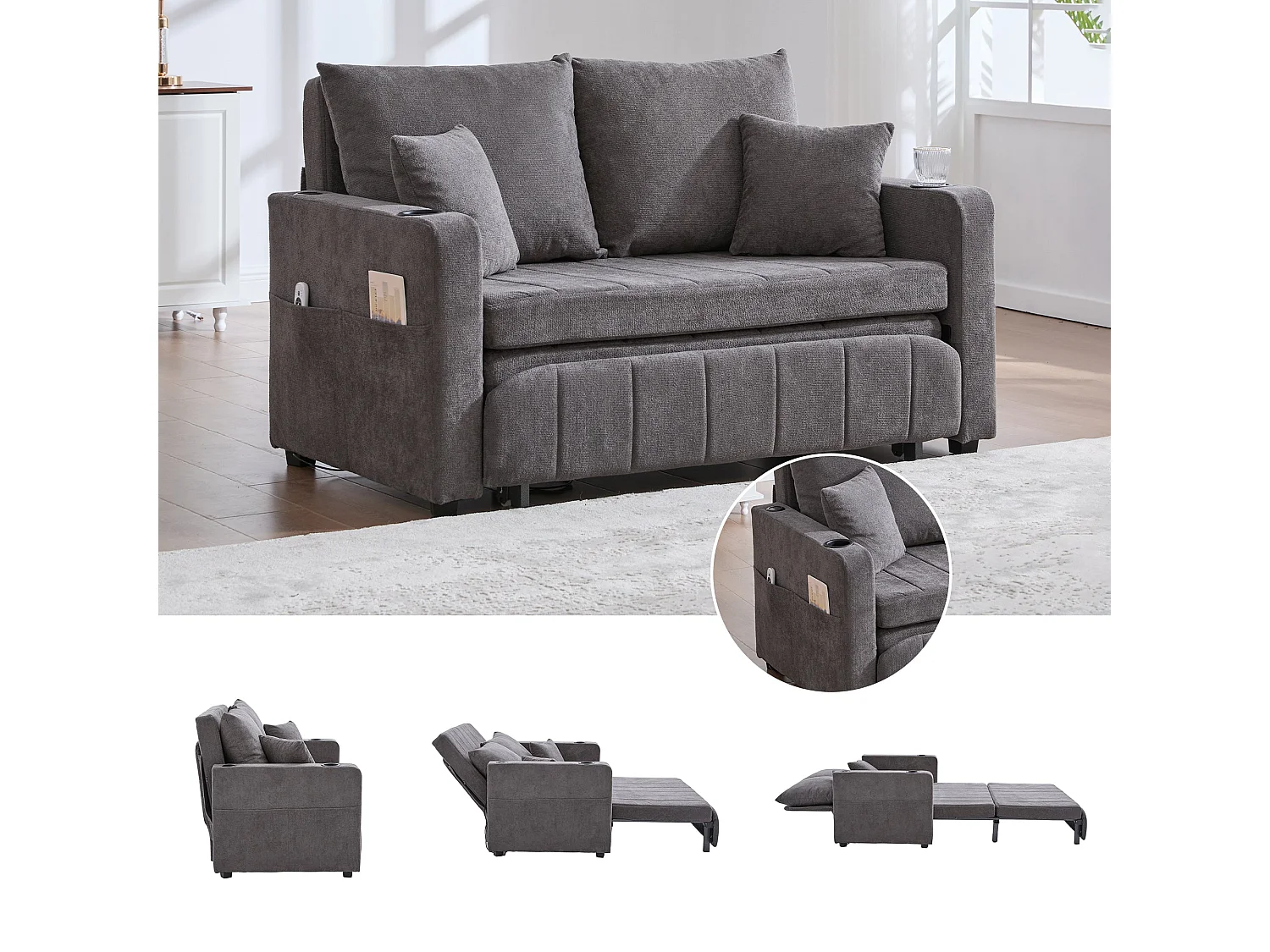 Canapé convertible 2-place en tissu chenille gris avec rangement, USB et porte-gobelet, 139x83x58cm