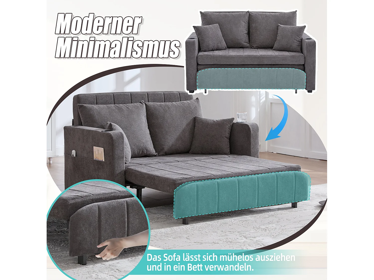 Canapé convertible 2-place en tissu chenille gris avec rangement, USB et porte-gobelet, 139x83x58cm