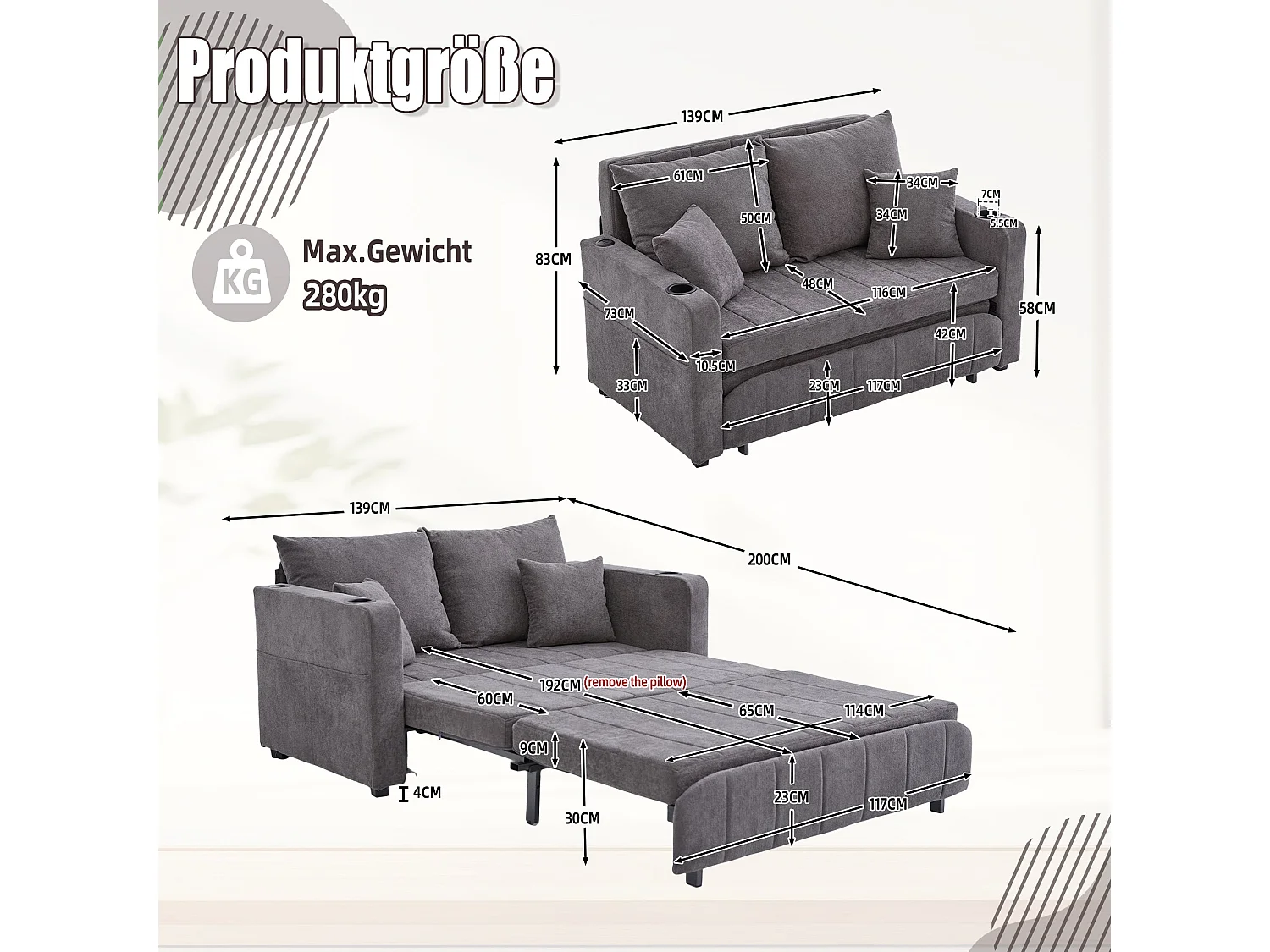 Canapé convertible 2-place en tissu chenille gris avec rangement, USB et porte-gobelet, 139x83x58cm