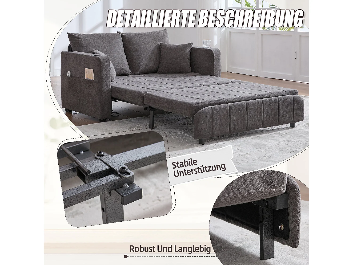 Canapé convertible 2-place en tissu chenille gris avec rangement, USB et porte-gobelet, 139x83x58cm