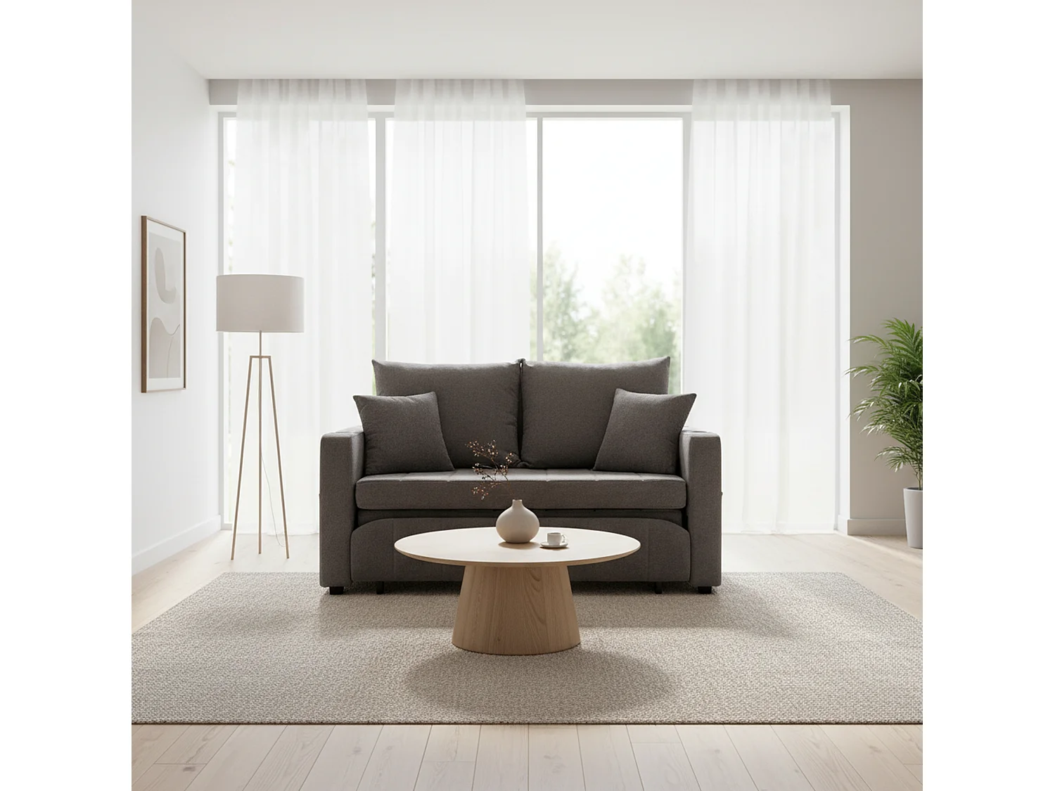 Canapé convertible 2-place en tissu chenille gris avec rangement, USB et porte-gobelet, 139x83x58cm