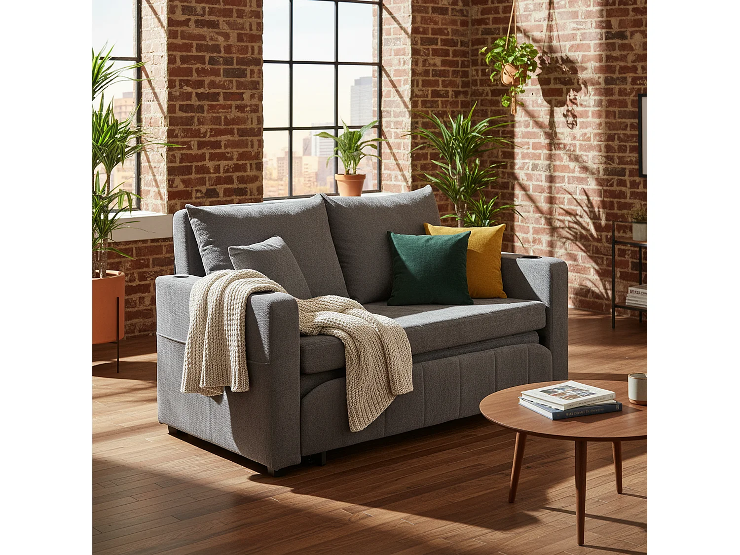 Canapé convertible 2-place en tissu chenille gris avec rangement, USB et porte-gobelet, 139x83x58cm