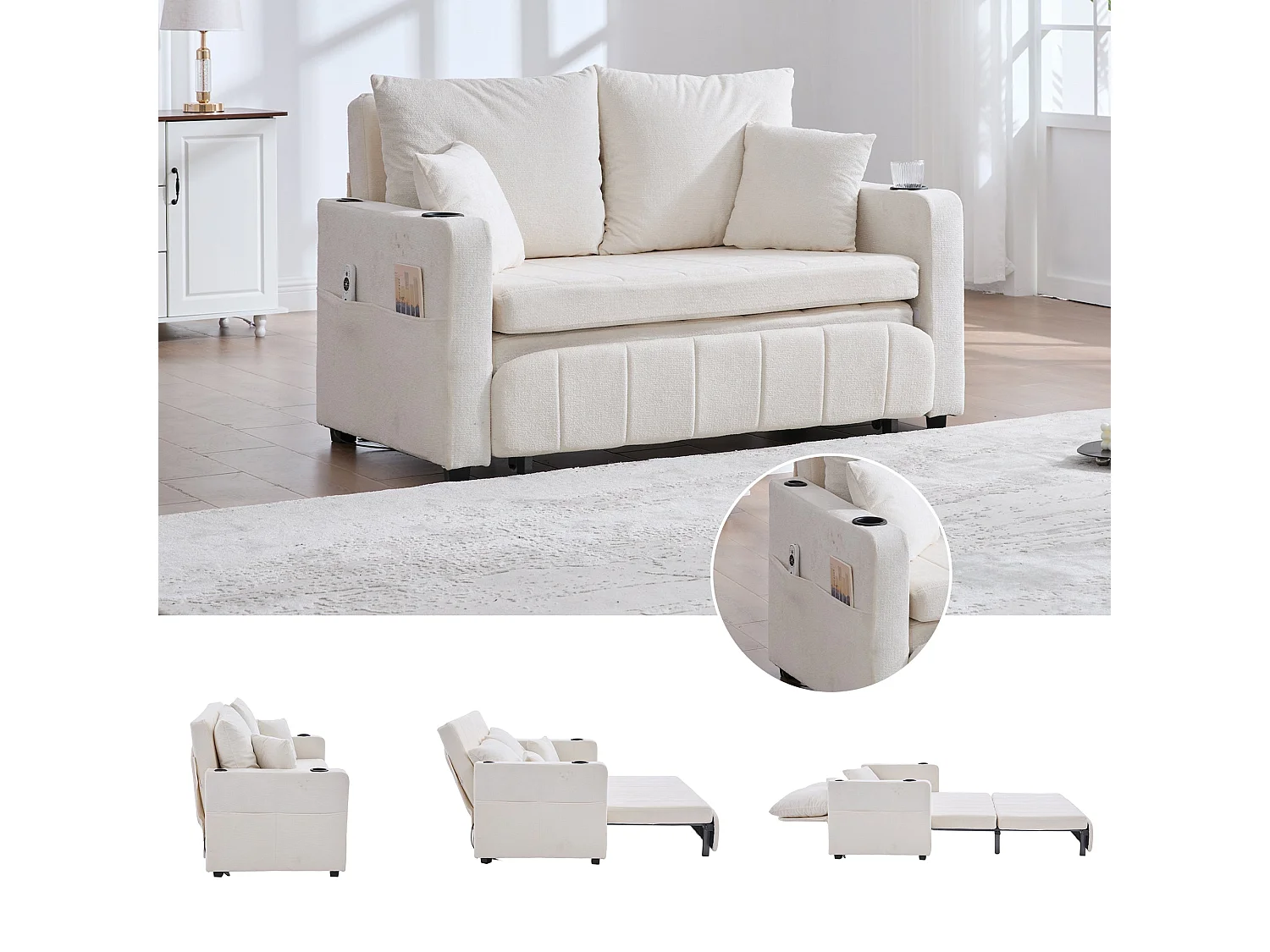 Canapé convertible 2-place en tissu chenille beige, 139x83x58cm, avec rangement, USB et porte-gobelet