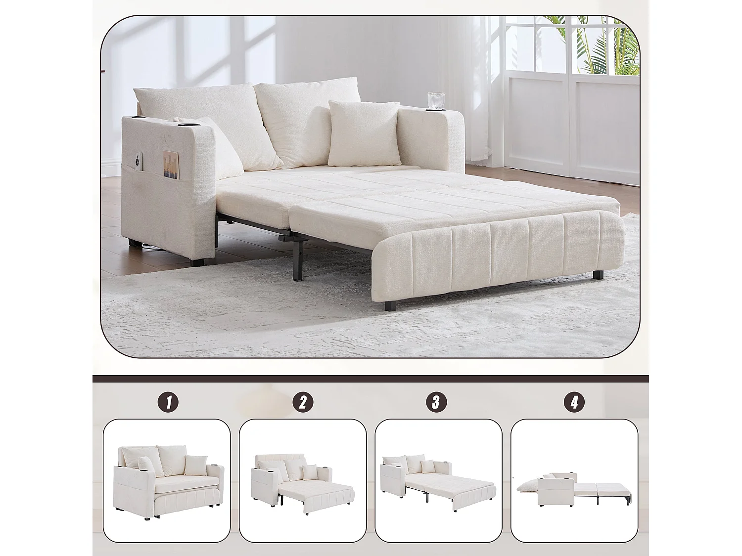 Canapé convertible 2-place en tissu chenille beige, 139x83x58cm, avec rangement, USB et porte-gobelet